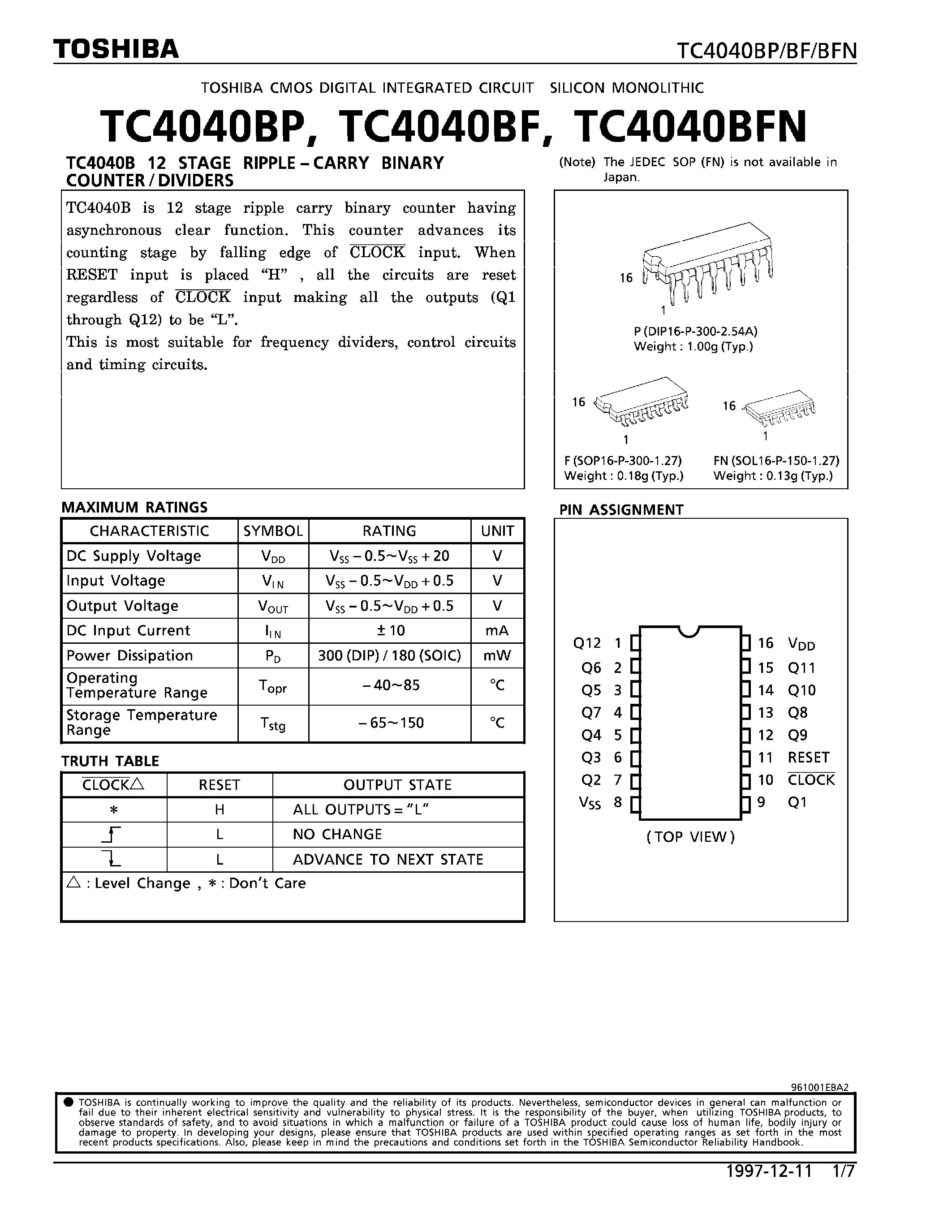 Datasheet TC4040 page 1 Datasheet TC4040 - 12 STAGE RIPPLE - CARRY BINARY COUNTER/DIVIDERS page 1