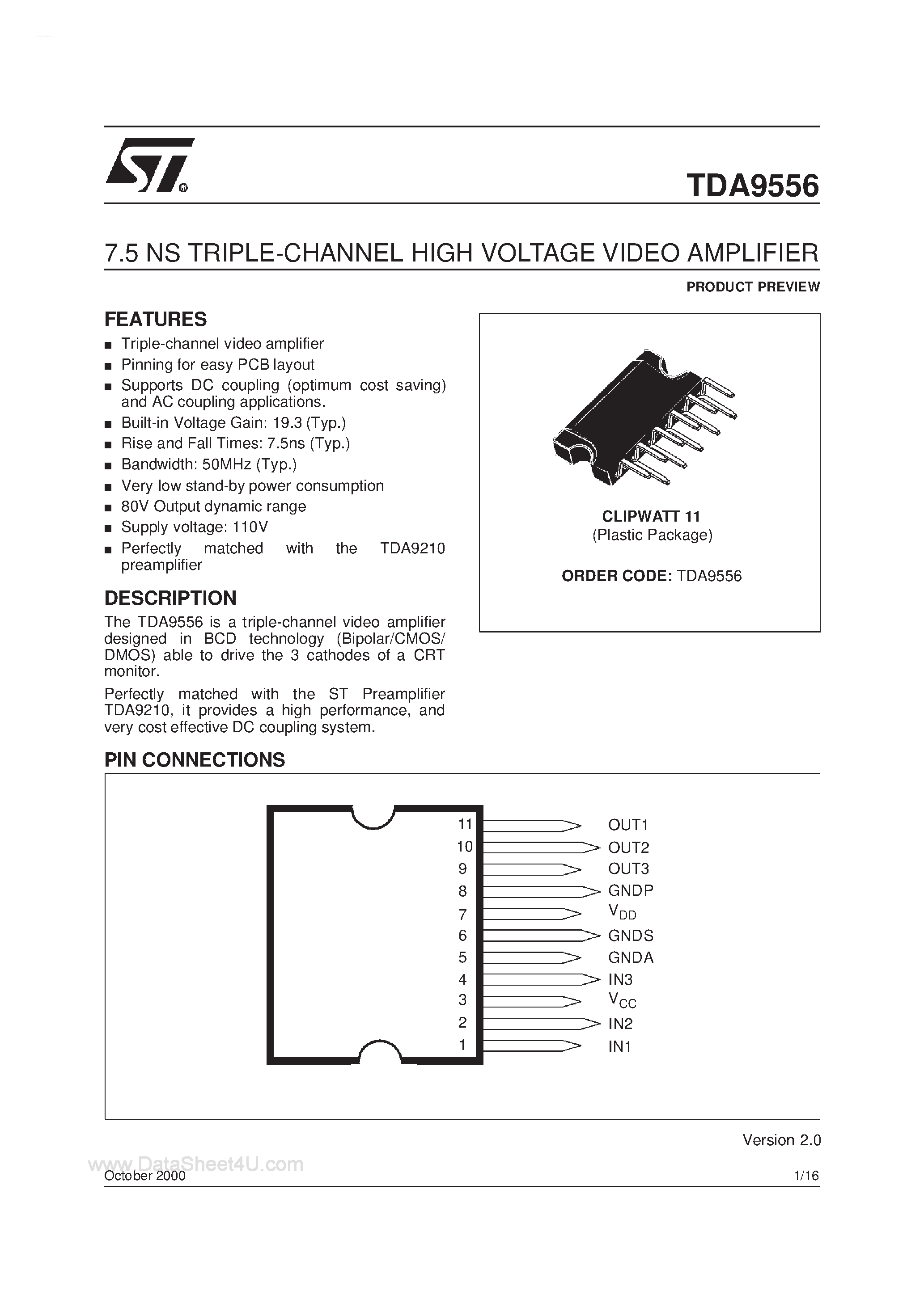 Даташит TDA9556 - 7.5ns 3 Channel High Voltage Video Amplifier страница 1