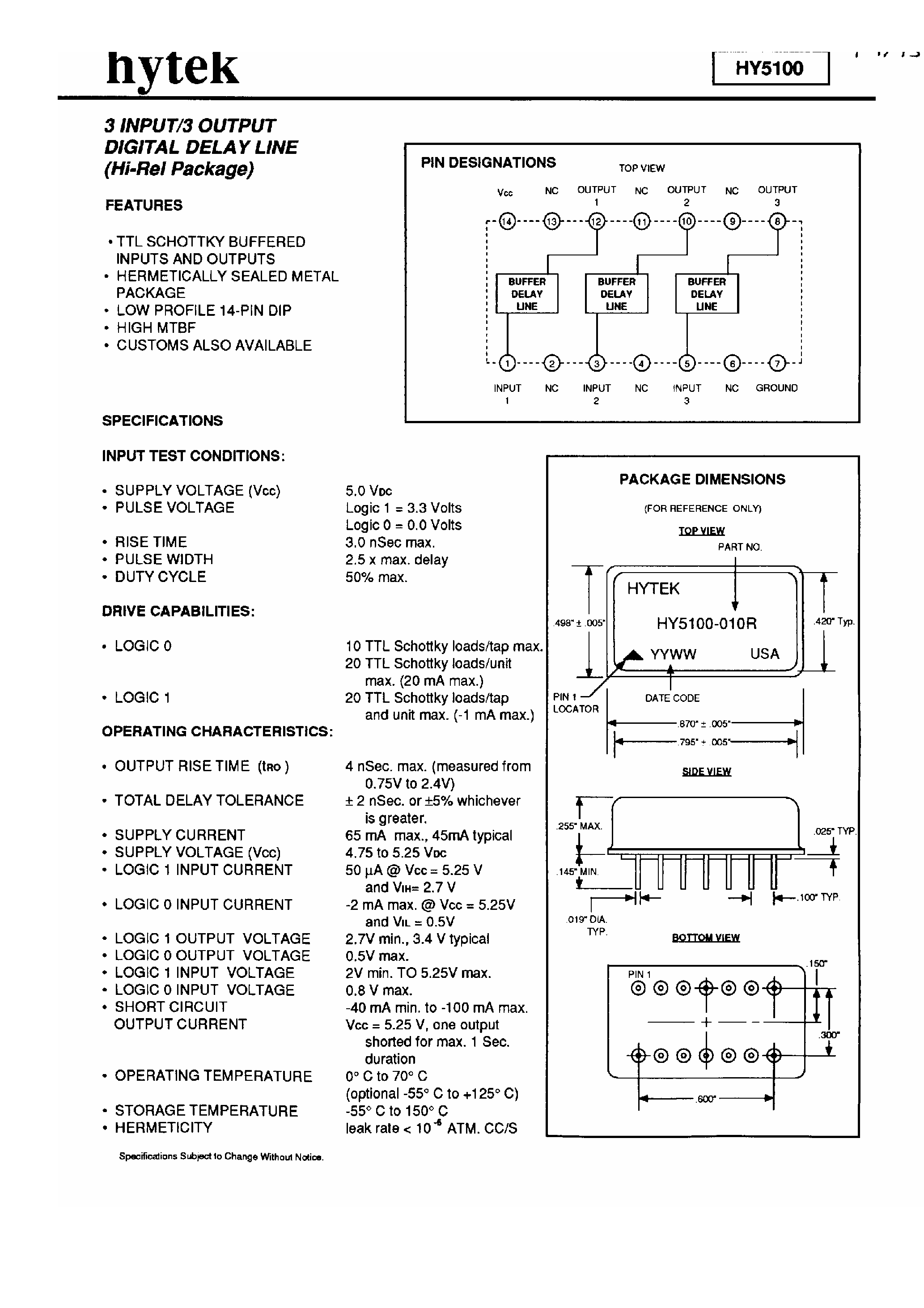 Datasheet HY5100 - 2 Input / 3 Output Digital Delay Line page 1