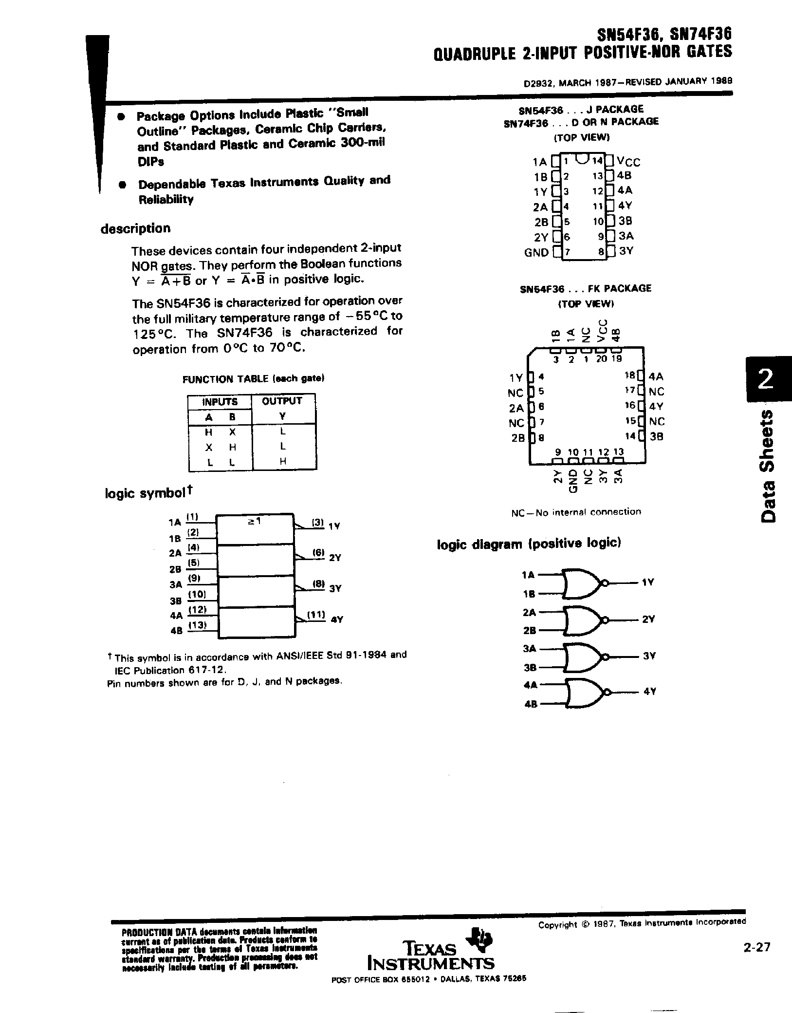 Datasheet SN74F36 page 1 Datasheet SN74F36 - Quadruple 2 Input Positive NOR Gates page 1