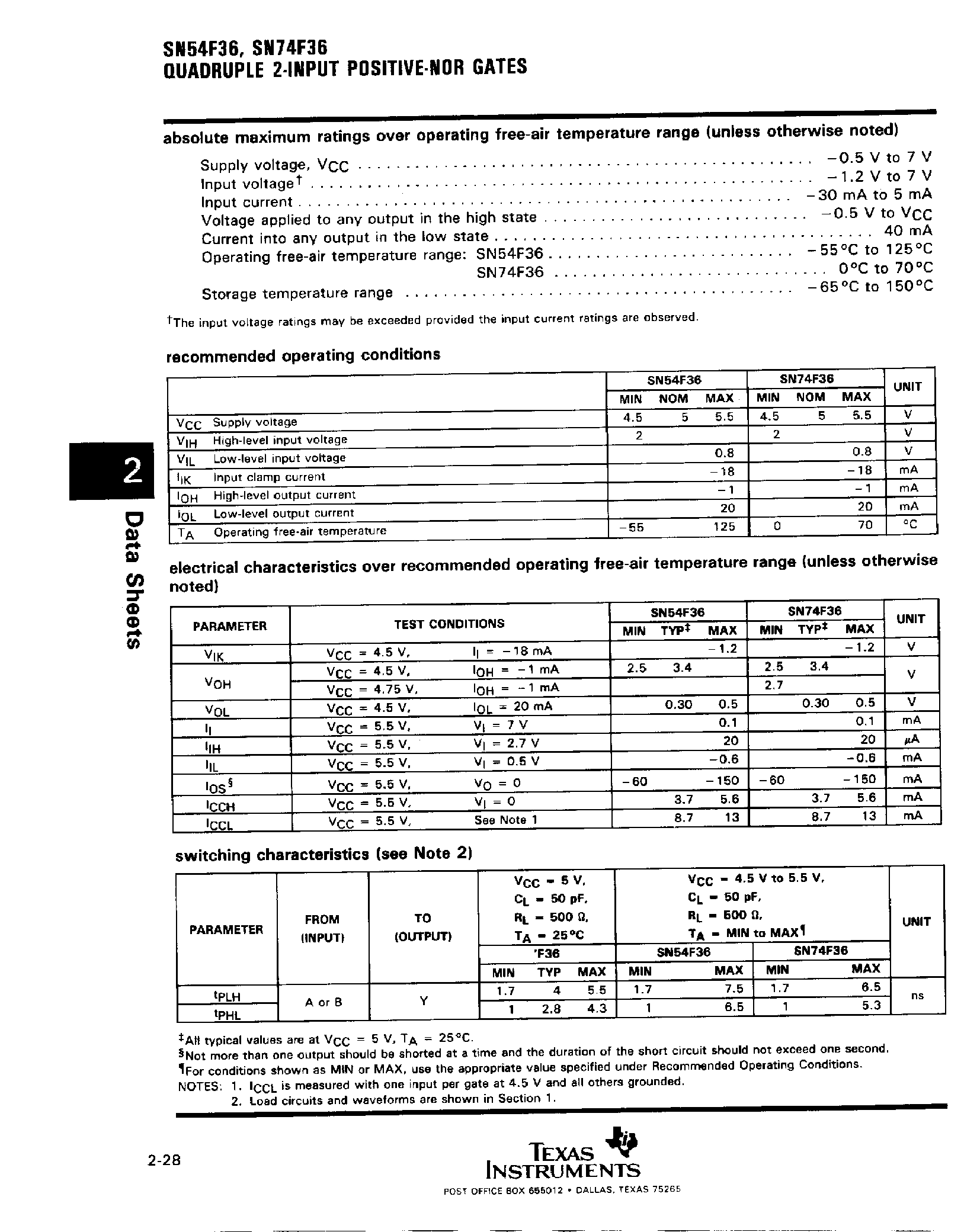 Datasheet SN74F36 page 2 Datasheet SN74F36 - Quadruple 2 Input Positive NOR Gates page 2