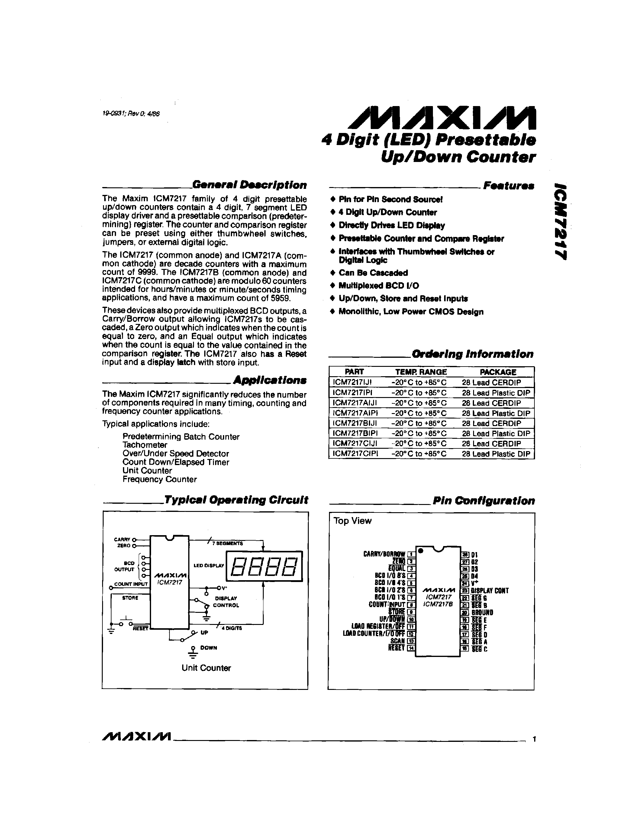 Даташит на микросхему ICM7217 страница 1 Даташит ICM7217 - 4 Digit (LED) Presettable Up/Down Counter страница 1
