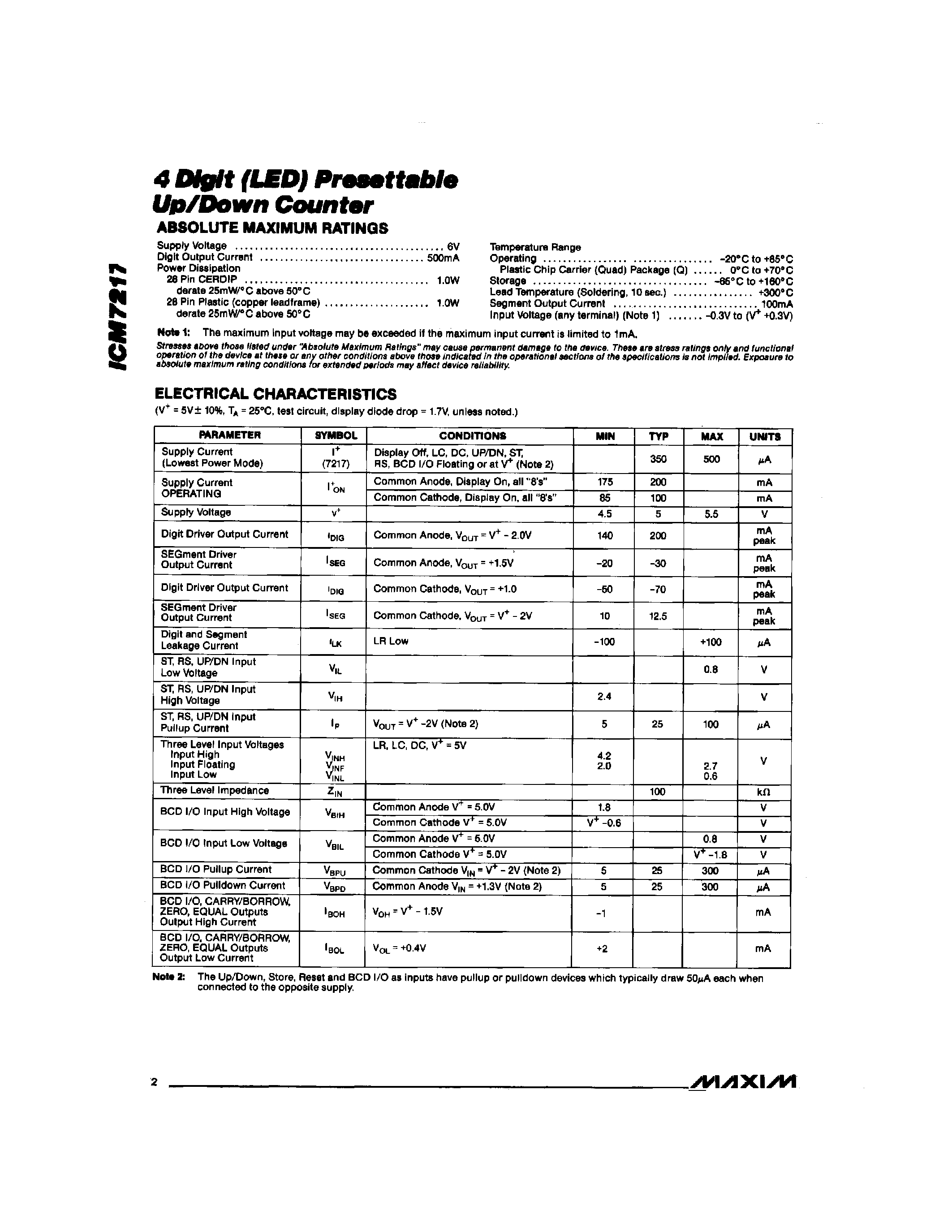 Даташит на микросхему ICM7217 страница 2 Даташит ICM7217 - 4 Digit (LED) Presettable Up/Down Counter страница 2