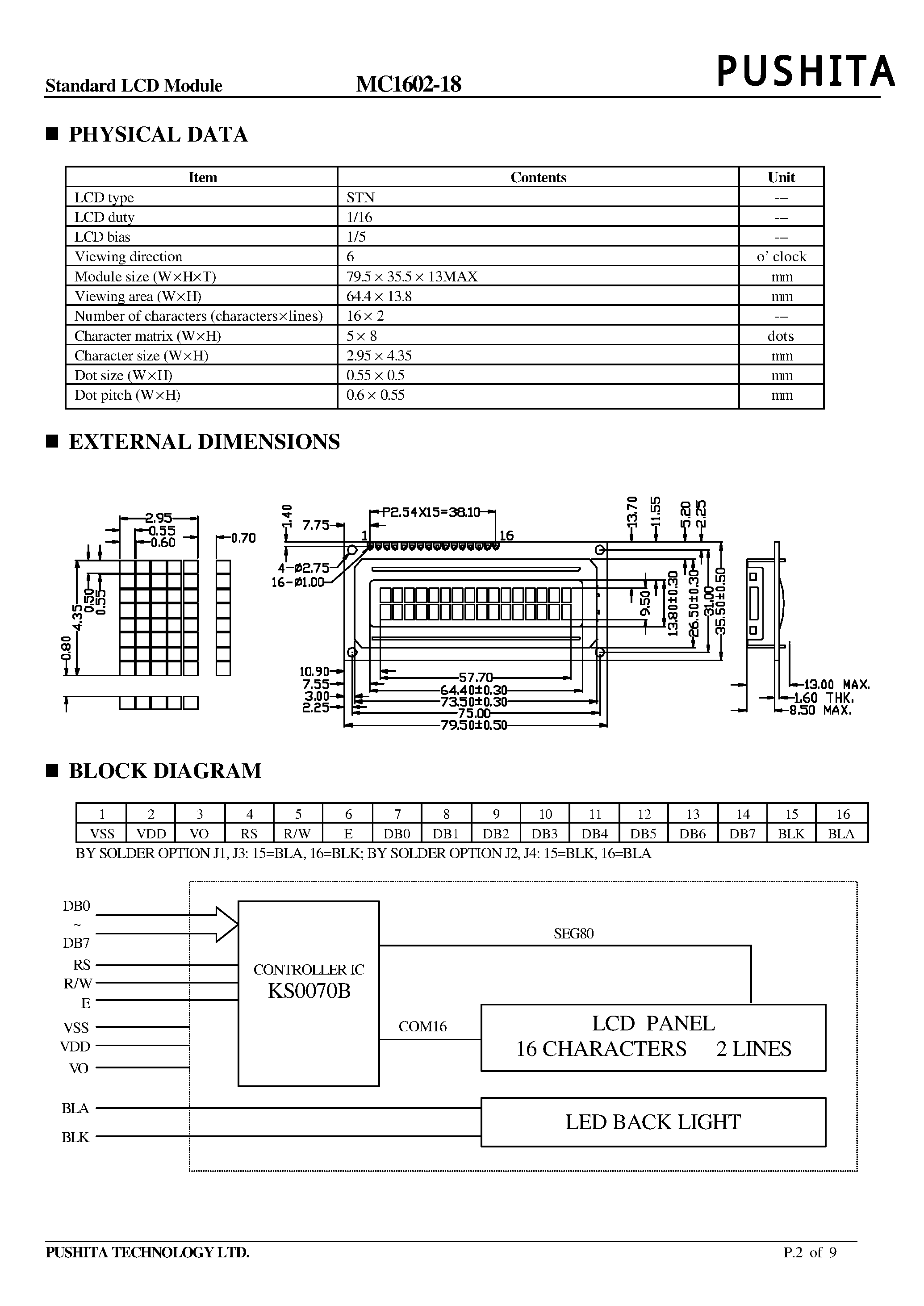 Даташит на микросхему MC1602-18 страница 1 Даташит MC1602-18 - Standard LCD Module страница 1