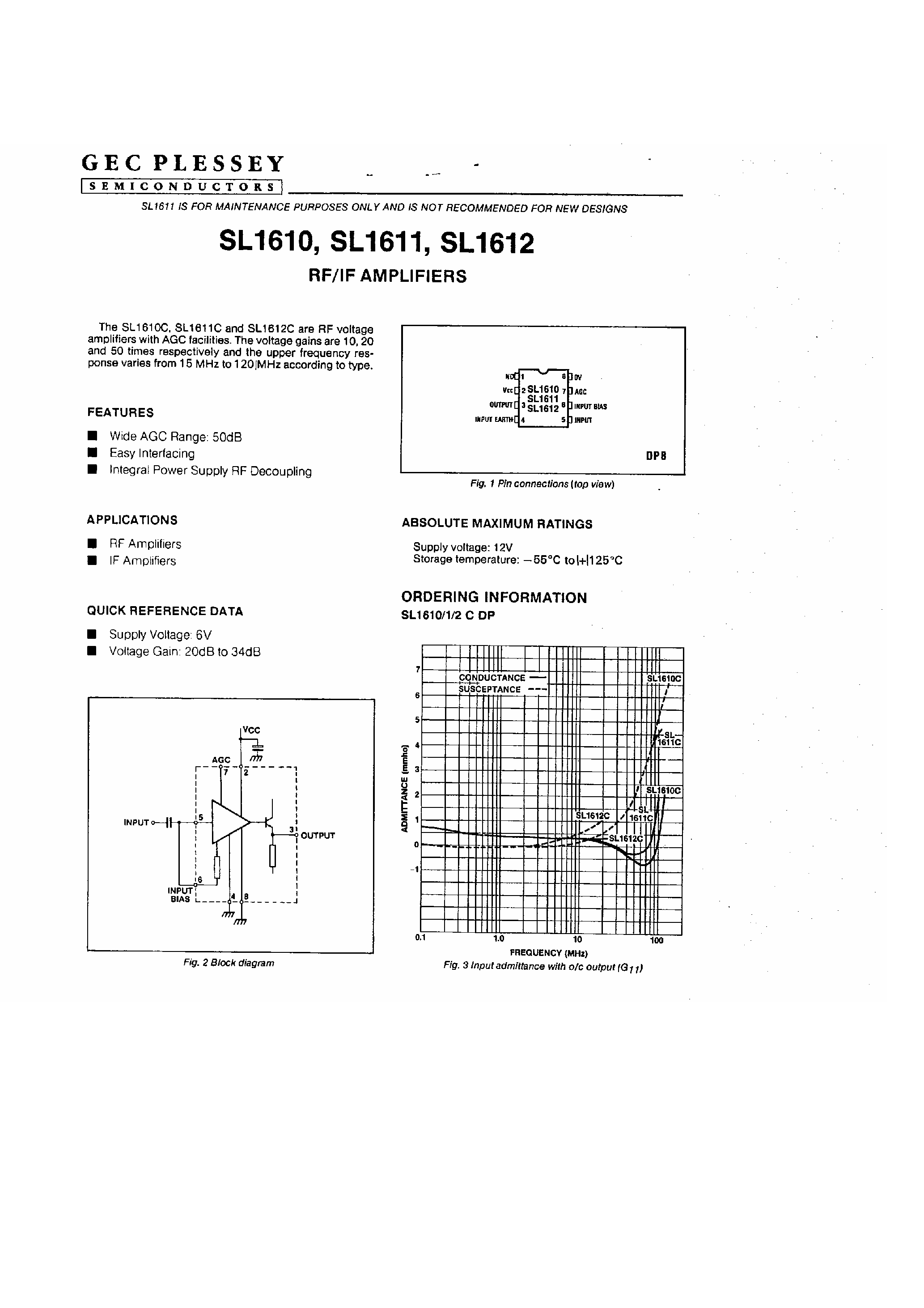 Datasheet SL1612 page 1 Datasheet SL1612 - (SL1611/SL1611) RF / IF Amplifiers page 1