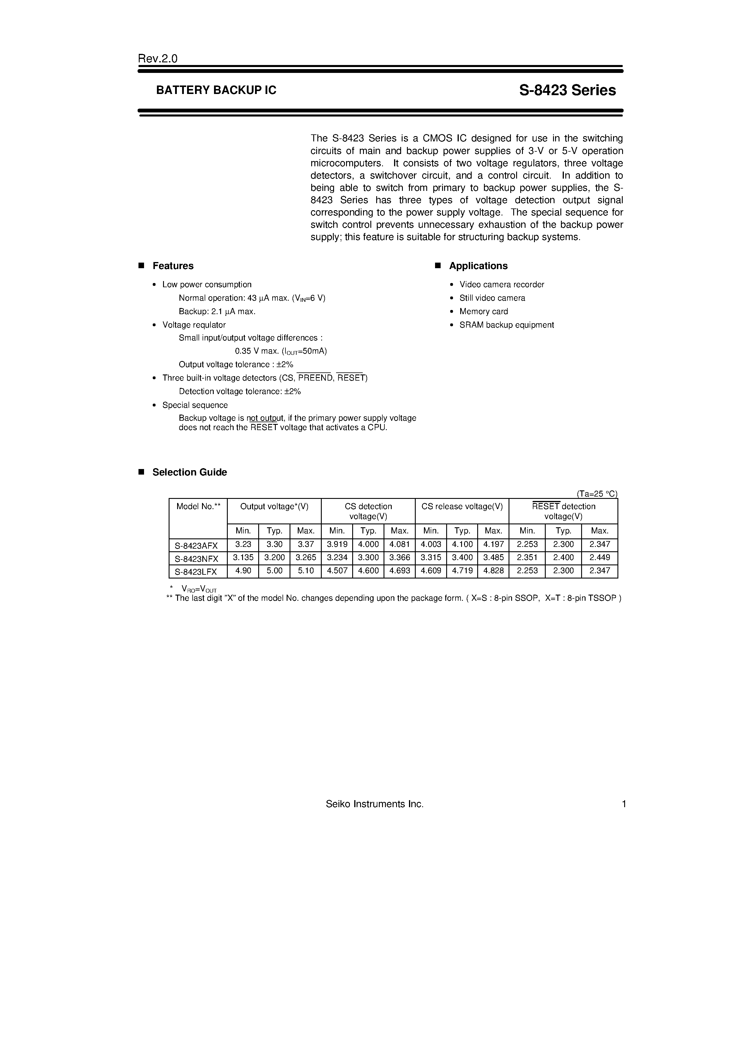 Datasheet S8423 - Battery Backup IC page 2