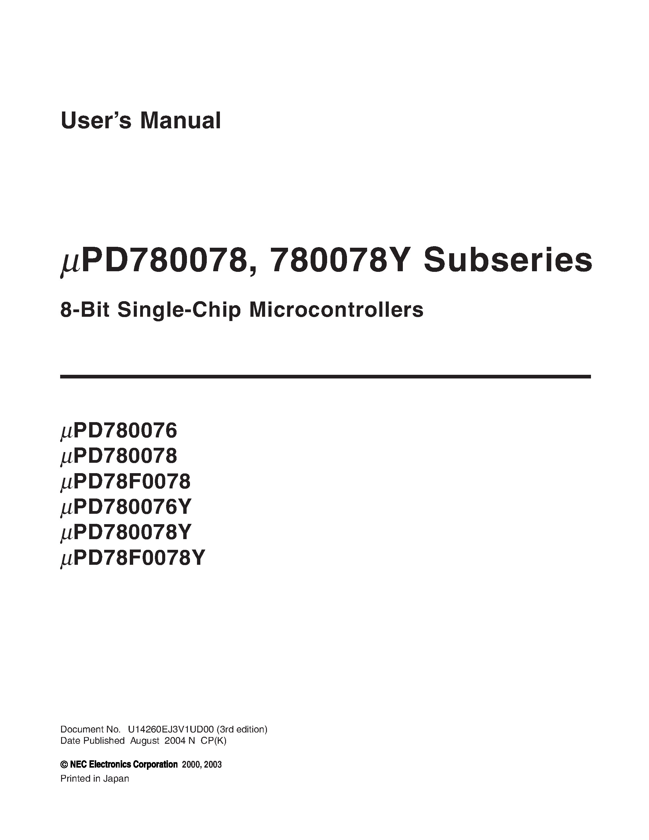Даташит на микросхему UPD78F0078 страница 1 Даташит UPD78F0078 - 8-Bit Single-Chip Microcontrollers страница 1