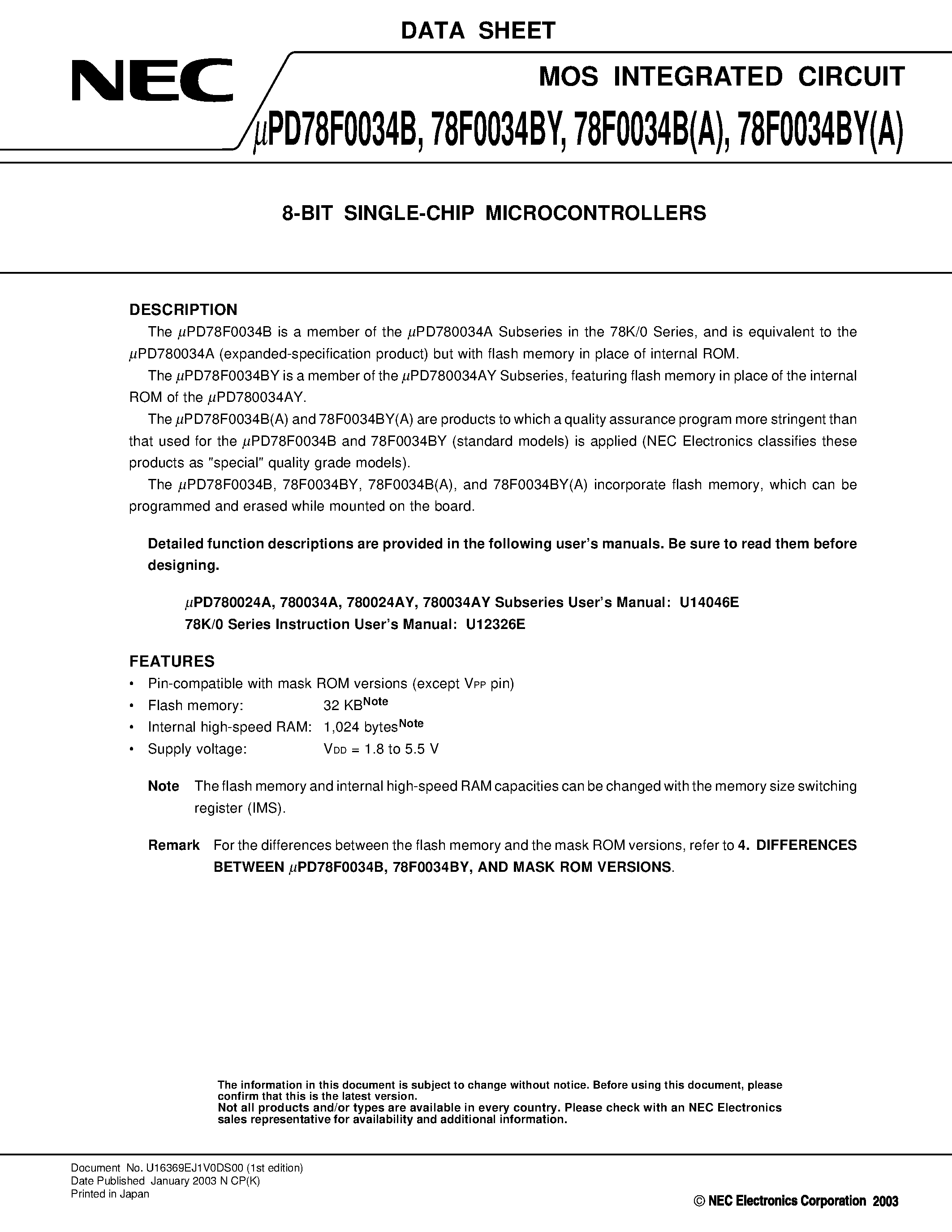 Даташит на микросхему UPD78F0034B страница 1 Даташит UPD78F0034B - 8 Bit Single Chip Microcontroller страница 1