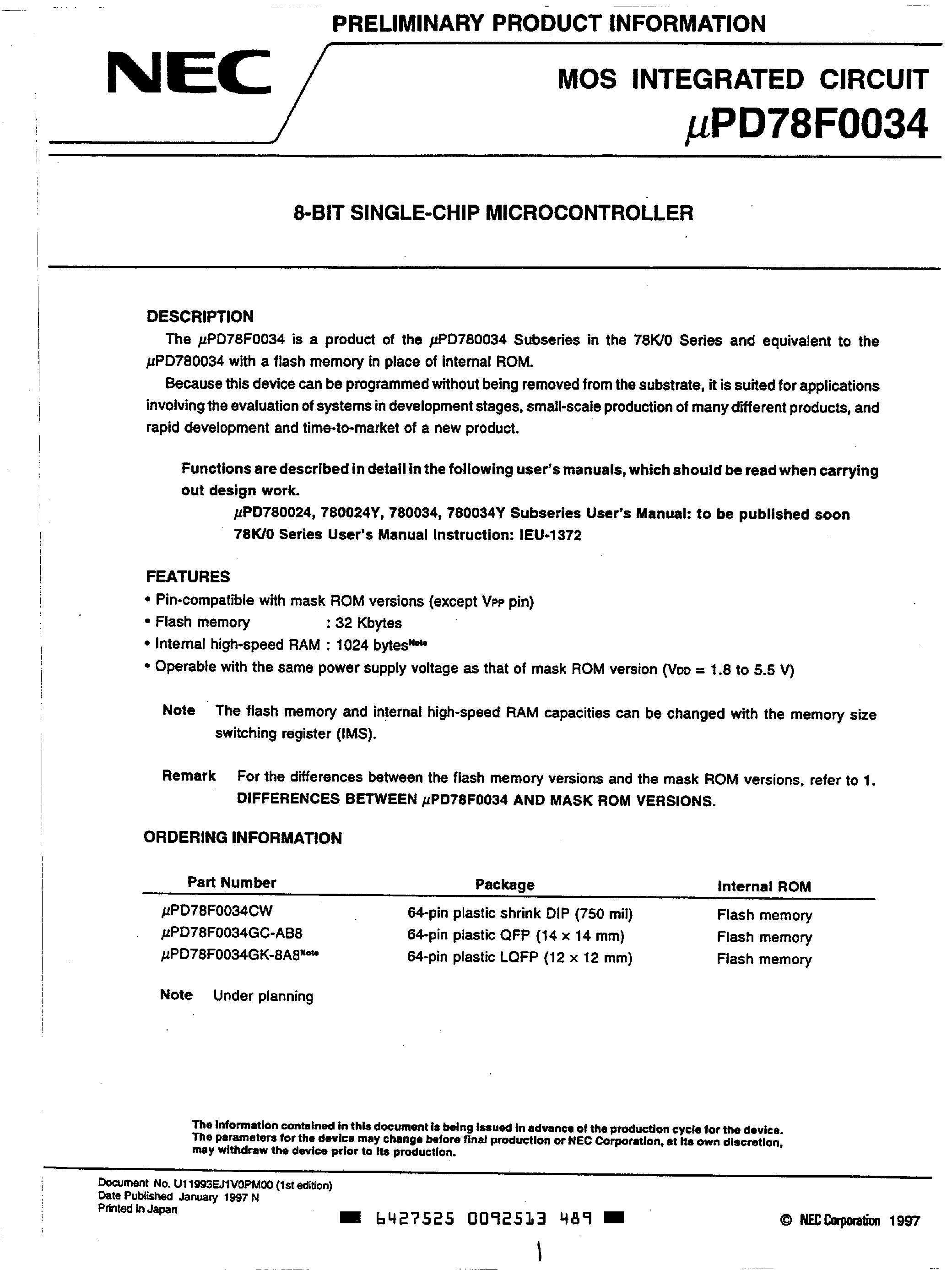 Даташит на микросхему UPD78F0034 страница 1 Даташит UPD78F0034 - 8 Bit Single Chip Microcontroller страница 1