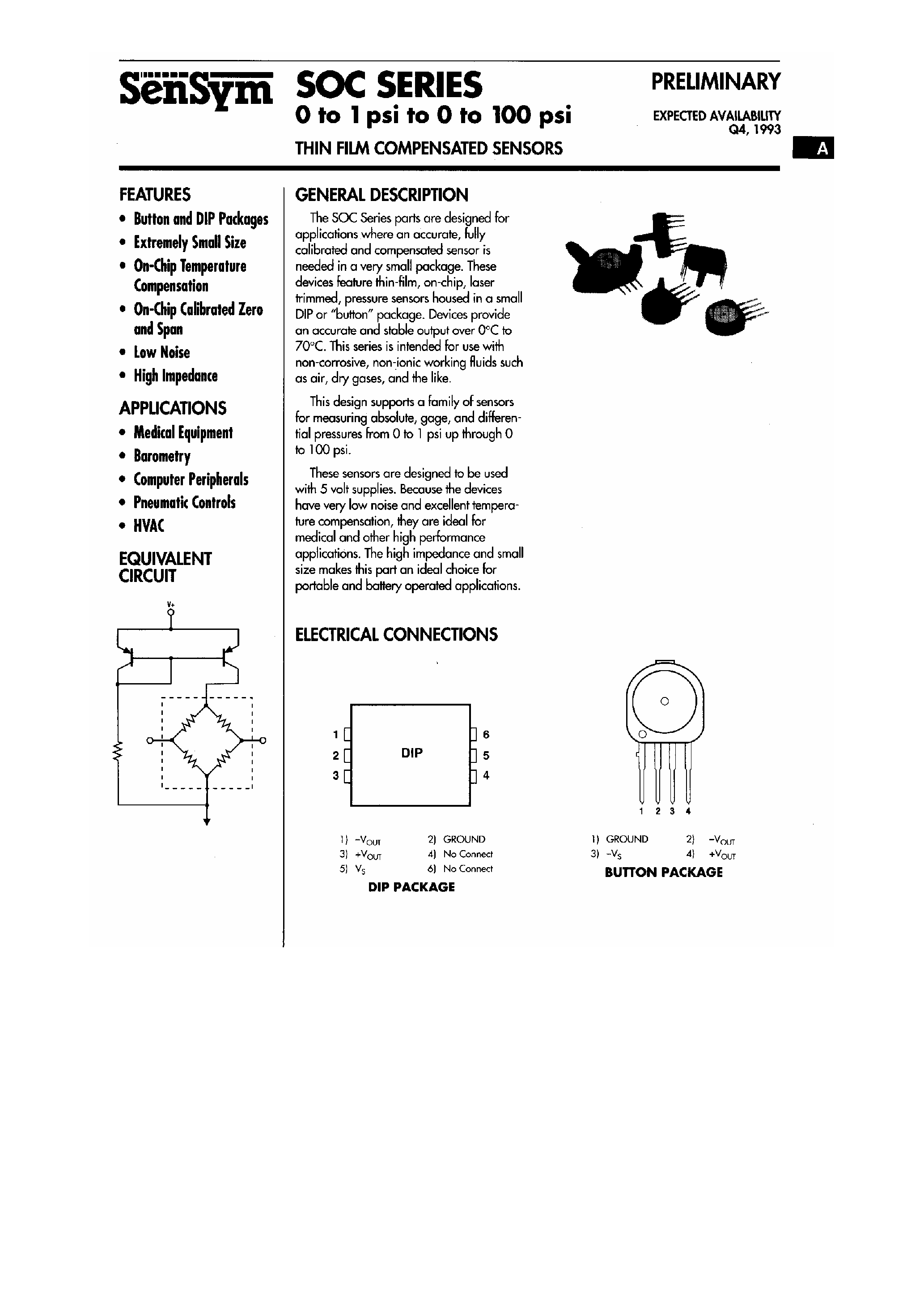 Datasheet SOC100x - SOC Series / 0 to 1 psi to 0 to 100 psi / Thin Film Compensated Sensors page 1