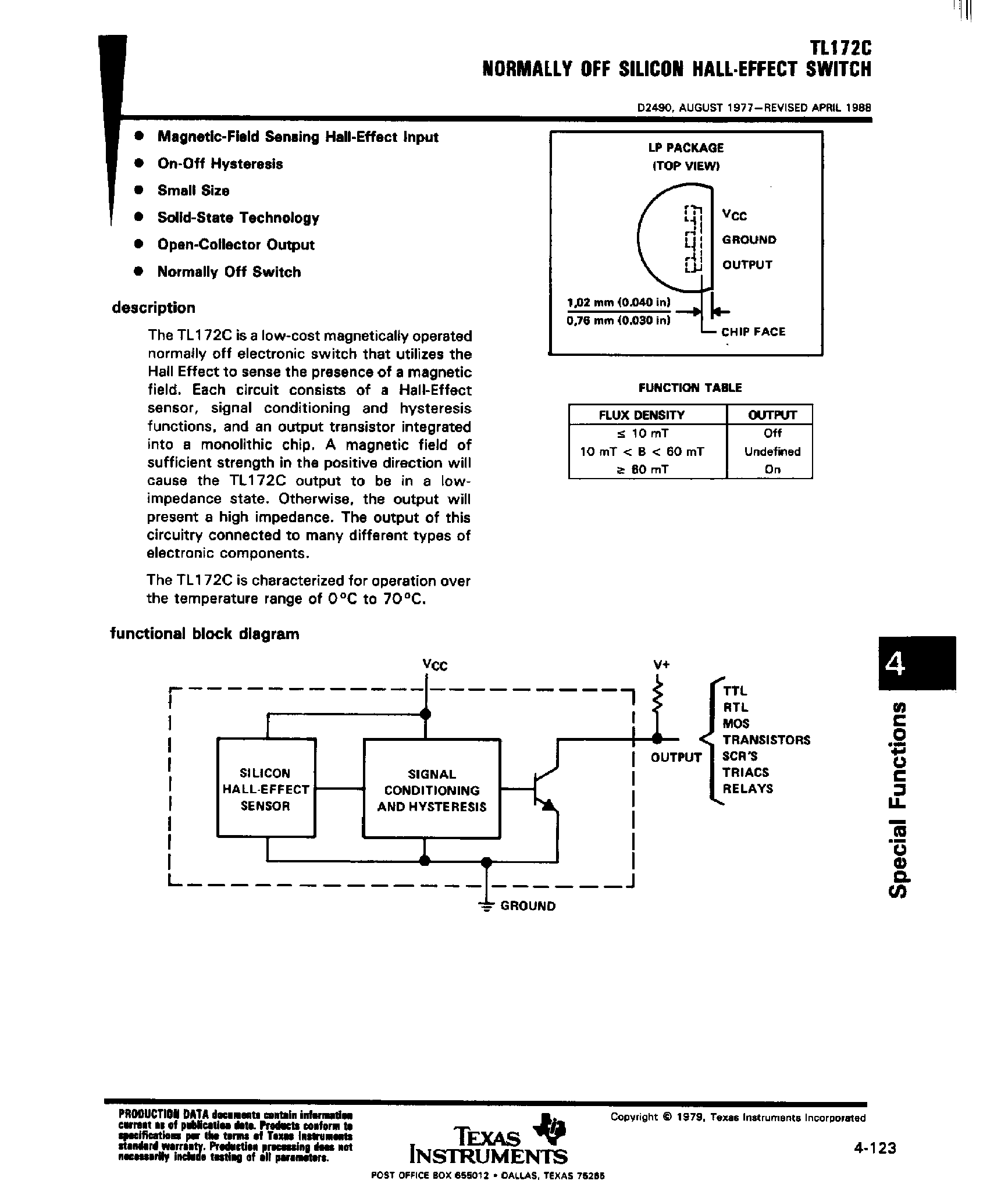 Datasheet TL172C page 1 Datasheet TL172C - Normally Off Silicon Hall-Effect Switch page 1