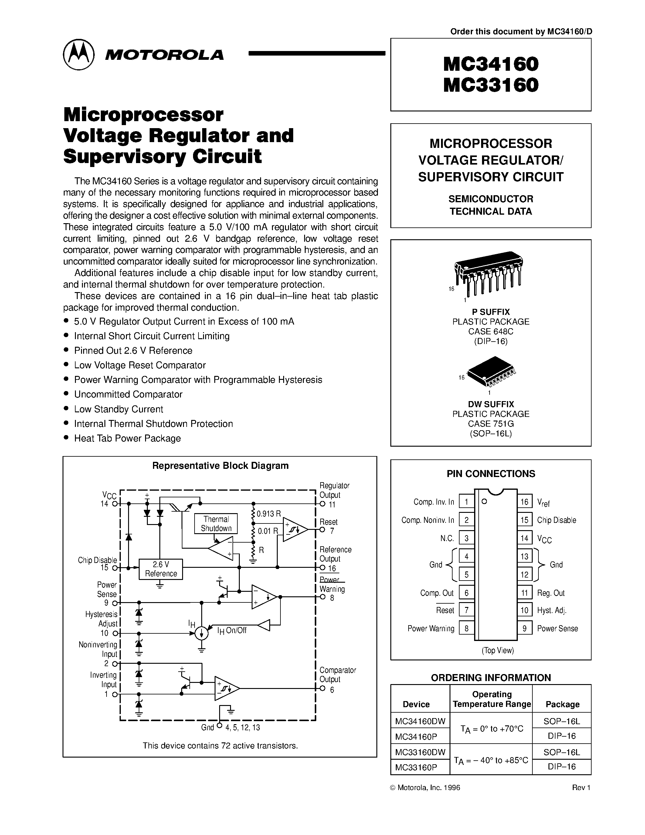 Datasheet MC33160 page 1 Datasheet MC33160 - MICROPROCESSOR VOLTAGE REGULATOR/ SUPERVISORY CIRCUIT page 1