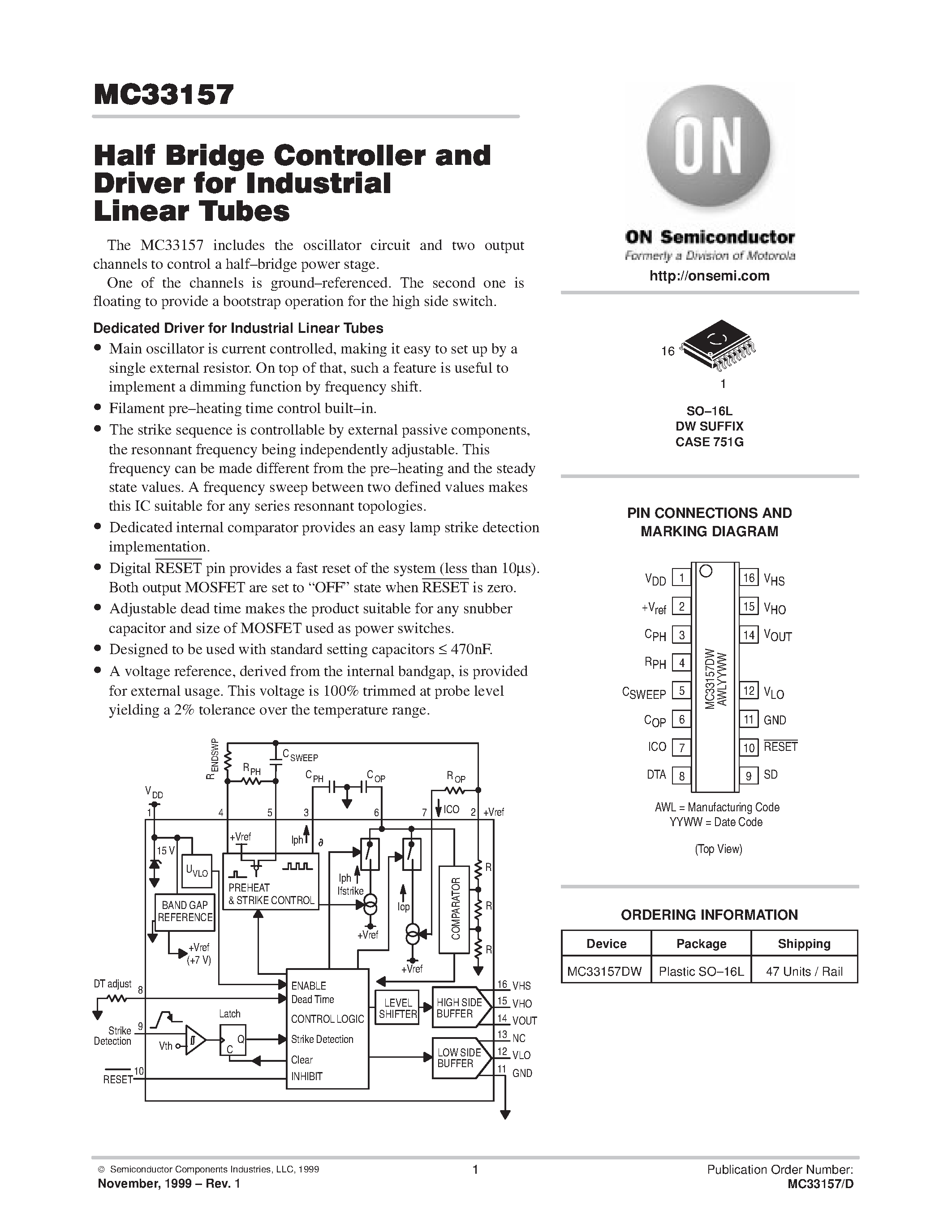 Даташит на микросхему MC33157 страница 1 Даташит MC33157 - Half Bridge Controller and Driver for Industrial Linear Tubes страница 1