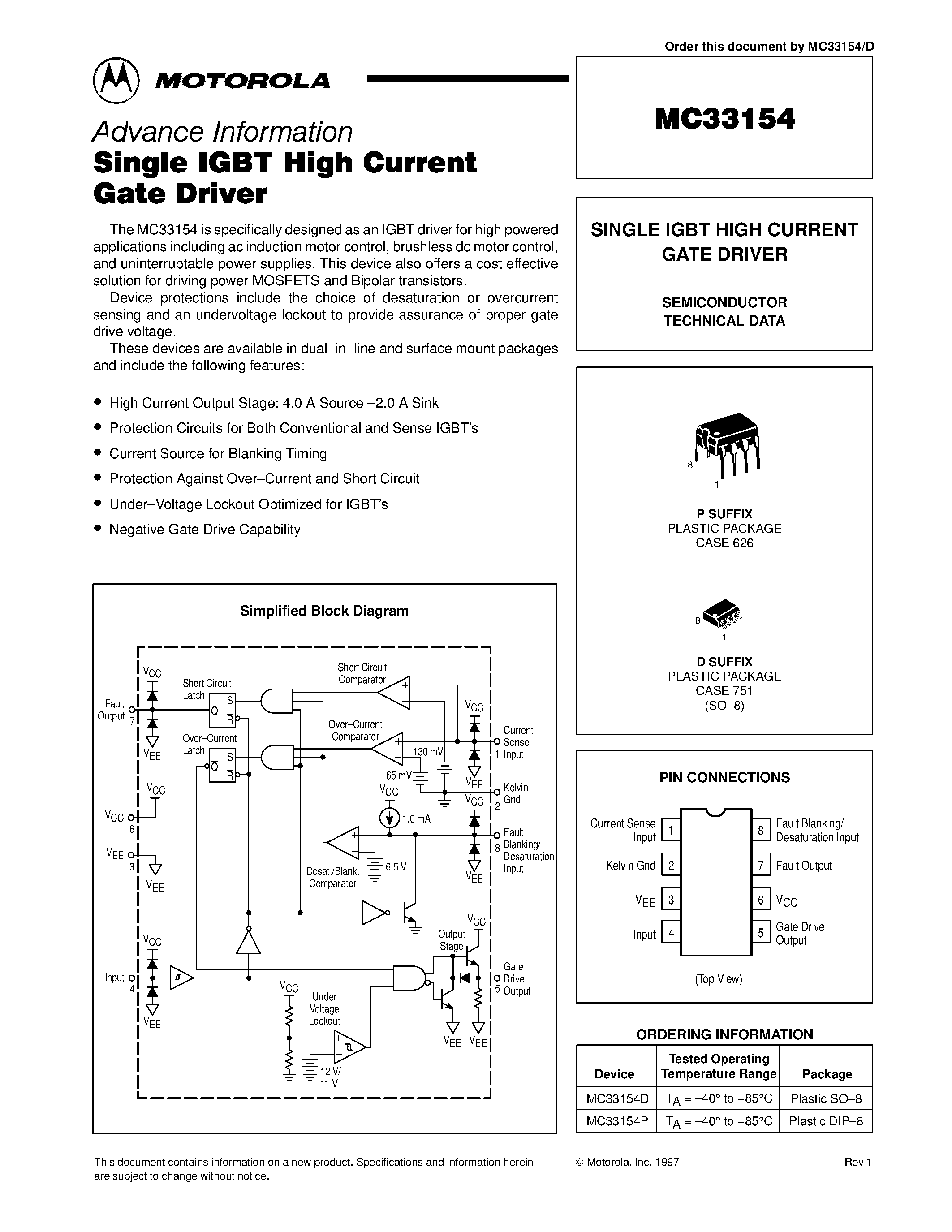 Datasheet MC33154 page 1 Datasheet MC33154 - SINGLE IGBT HIGH CURRENT GATE DRIVER page 1