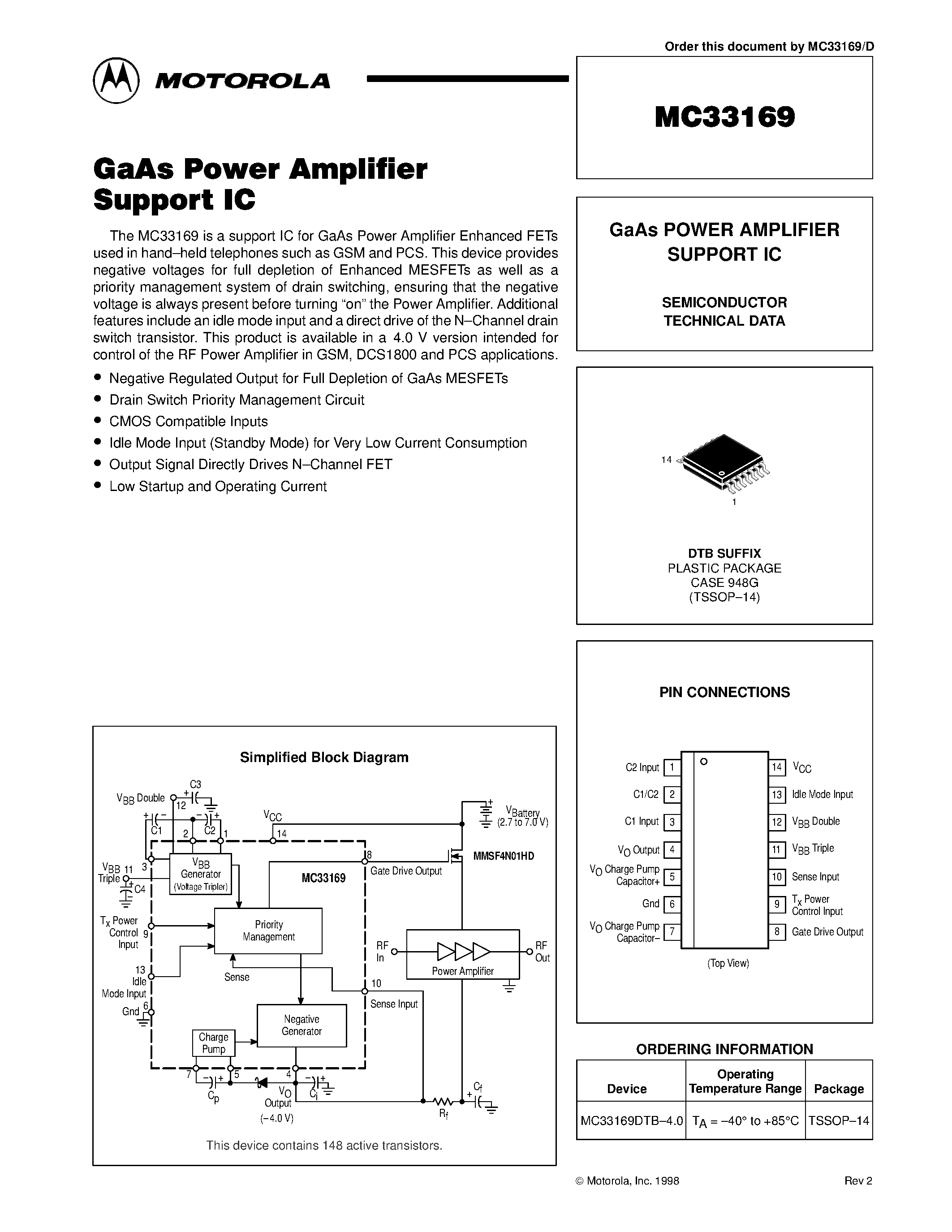 Datasheet MC33169 page 1 Datasheet MC33169 - GaAs POWER AMPLIFIER SUPPORT IC page 1