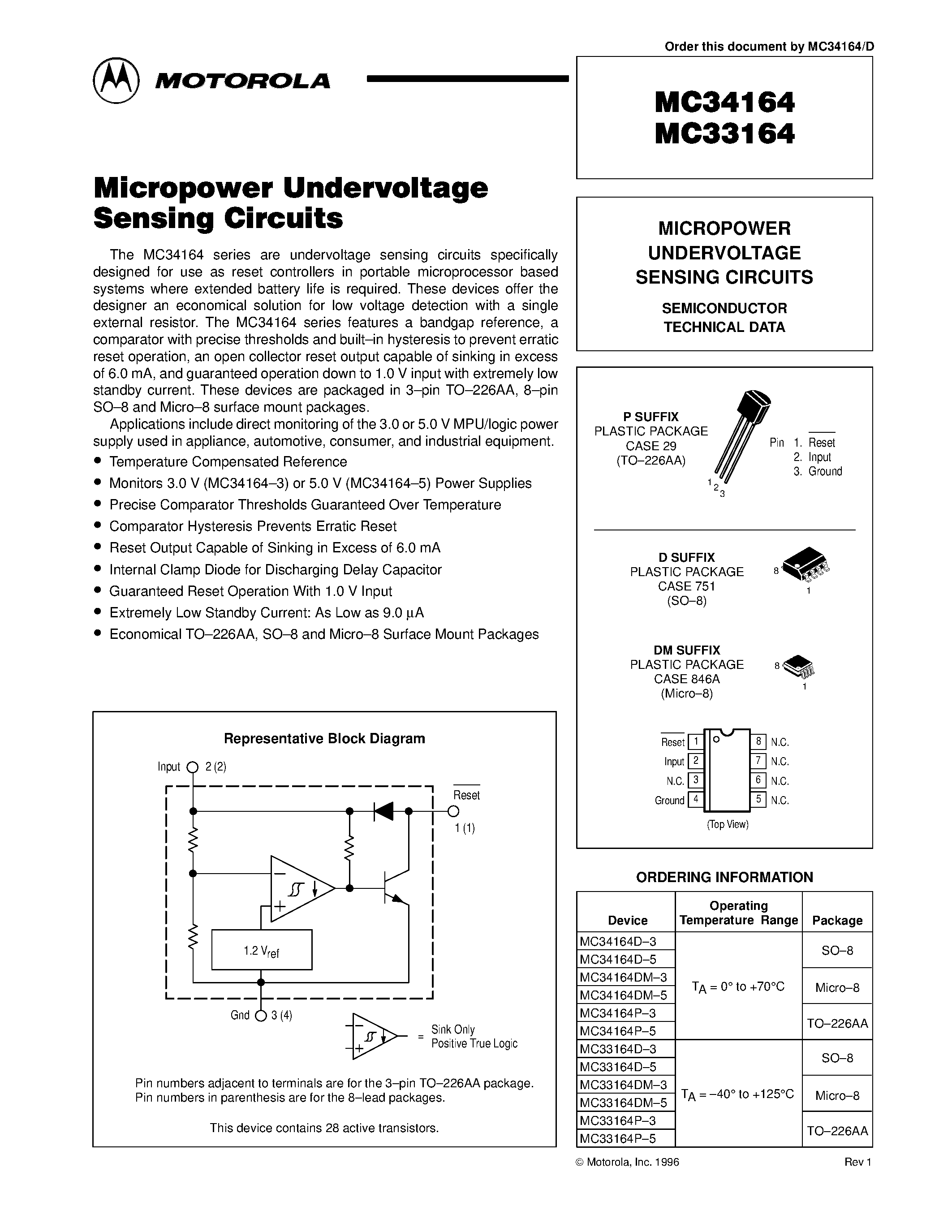 Datasheet MC33164 page 1 Datasheet MC33164 - MICROPOWER UNDERVOLTAGE SENSING CIRCUITS page 1