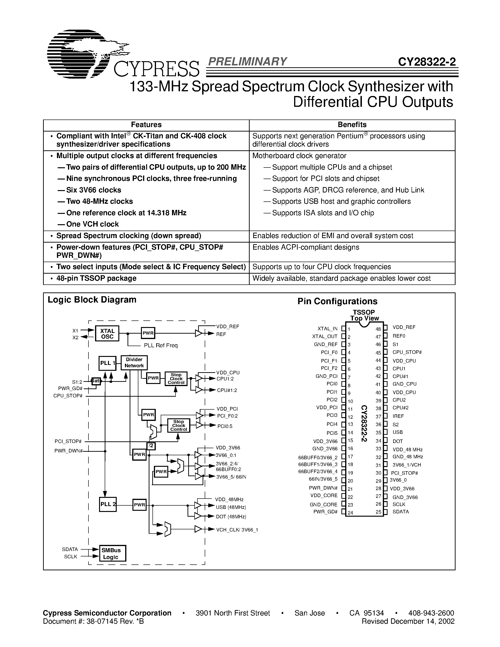 Datasheet CY28322-2 - 133 Mhz Spread Spectrum Clock Synthesizer with Differential CPU Outputs page 1