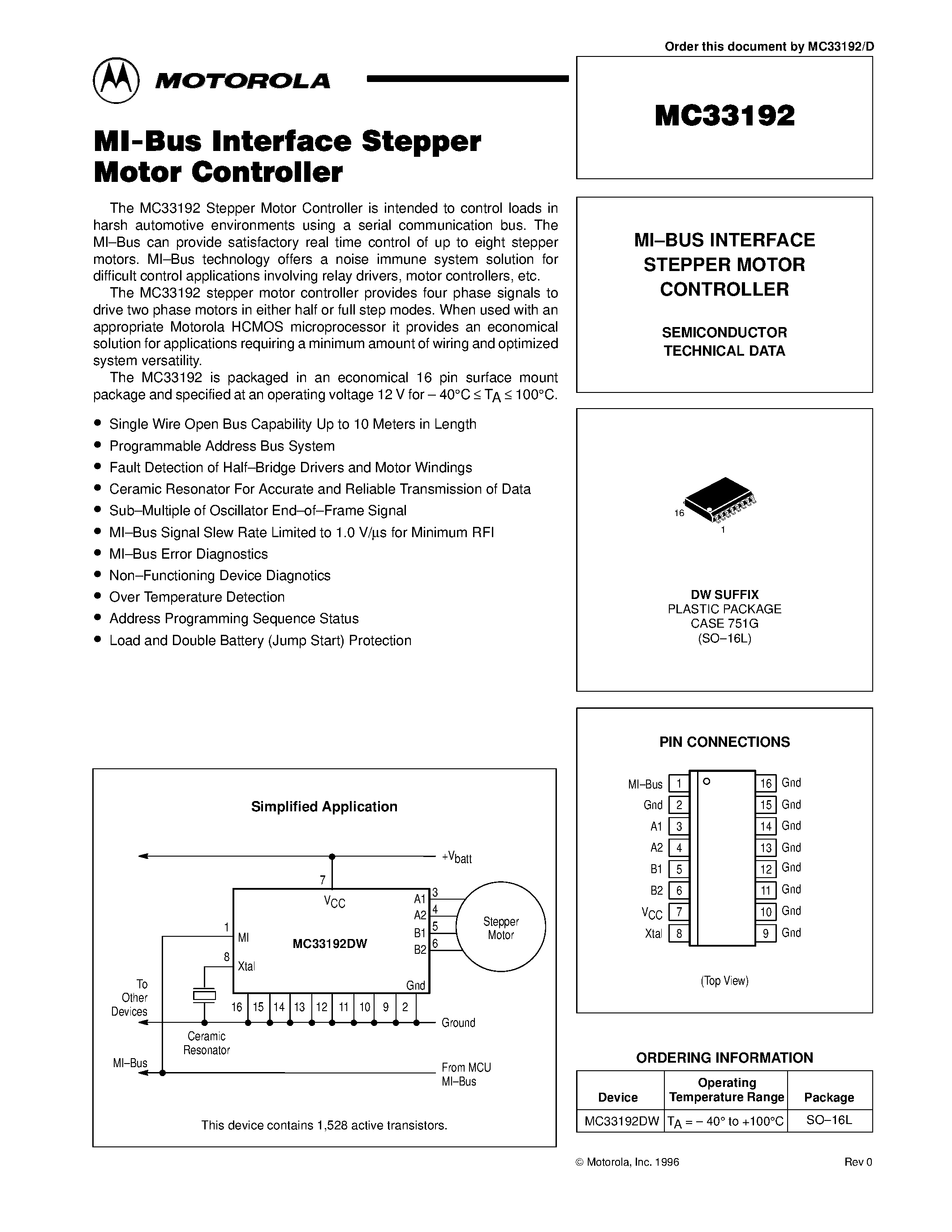 Даташит MC33192 - MI-BUS INTERFACE STEPPER MOTOR CONTROLLER страница 1
