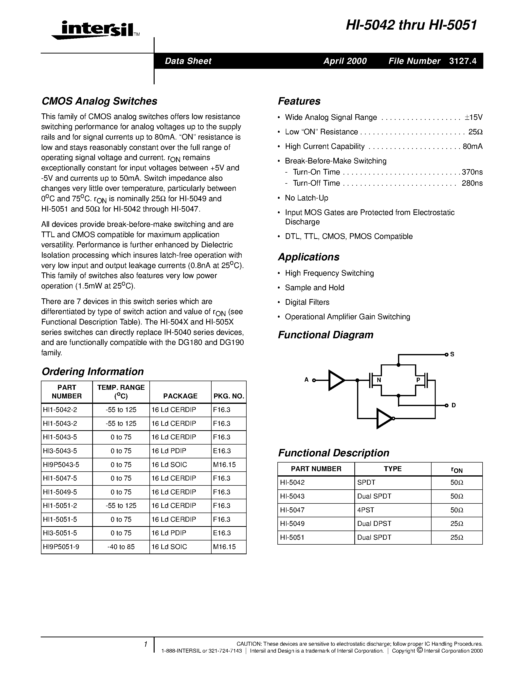 Даташит HI3-5051-5 - CMOS Analog Switches страница 1