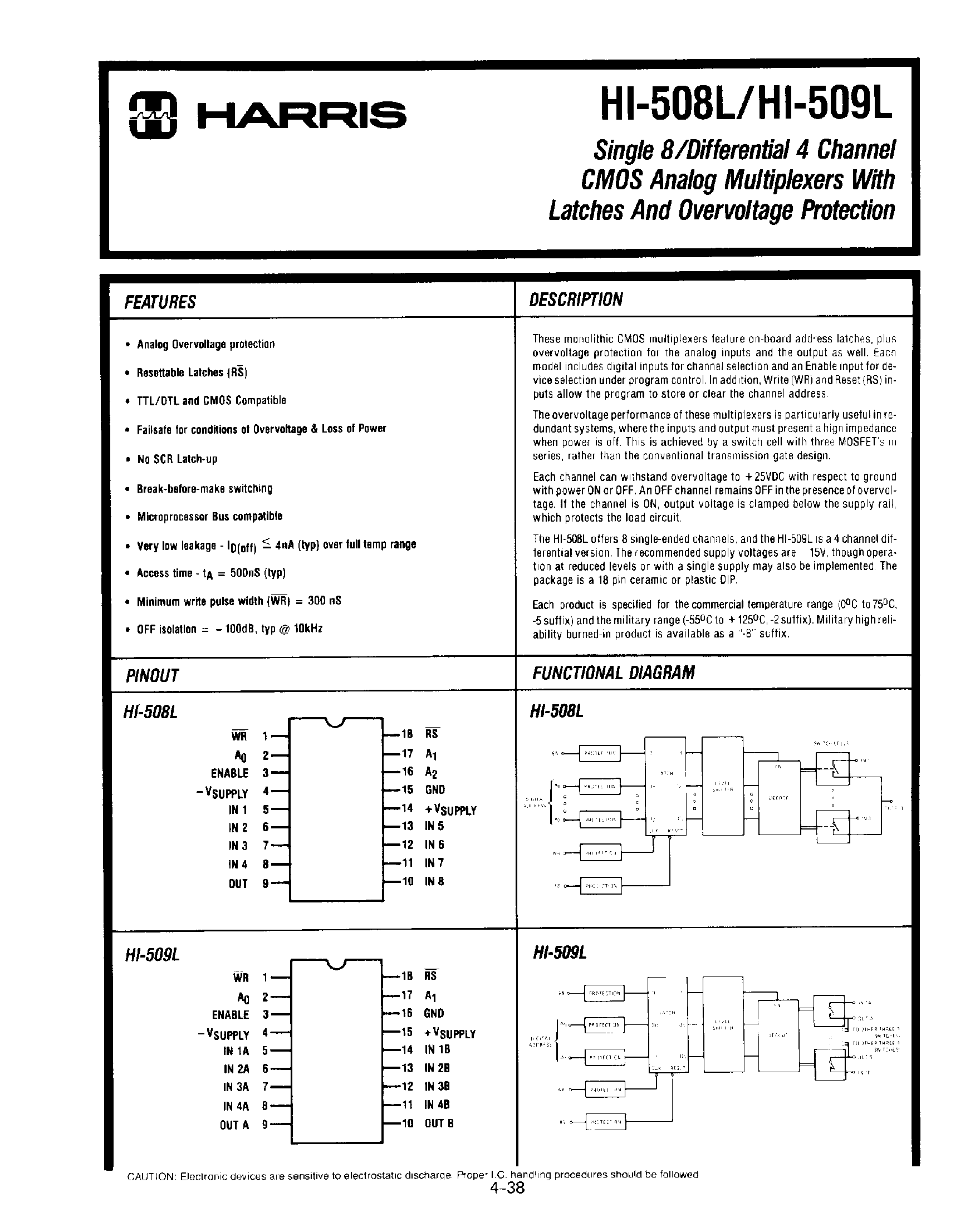Даташит HI3-509L - (HI3-508L) Single 8 / Differential 4 Channel CMOS Analog Multiplexers страница 1