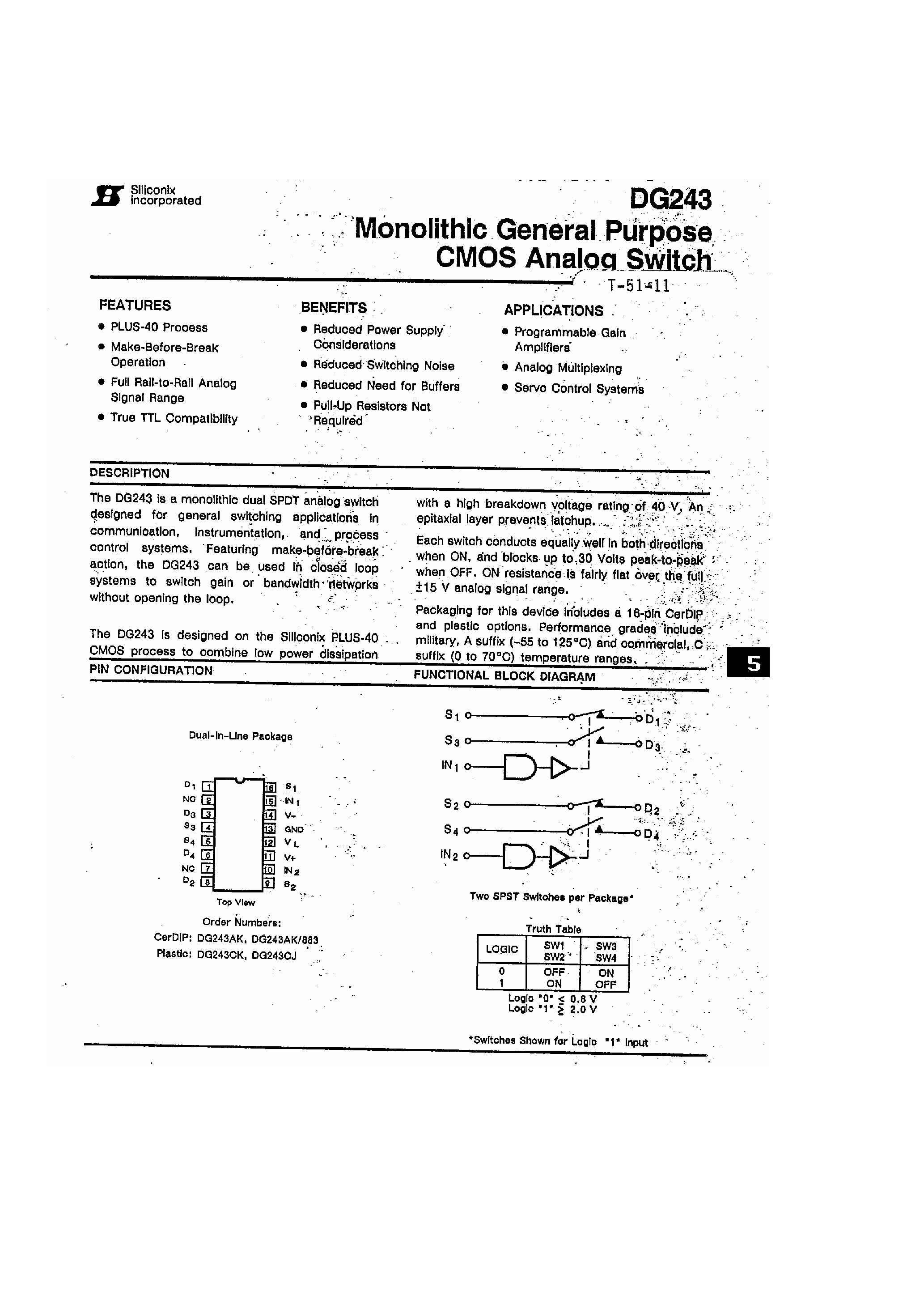 Даташит DG243 - Monolithic General Purpose CMOS Analog Switch страница 1