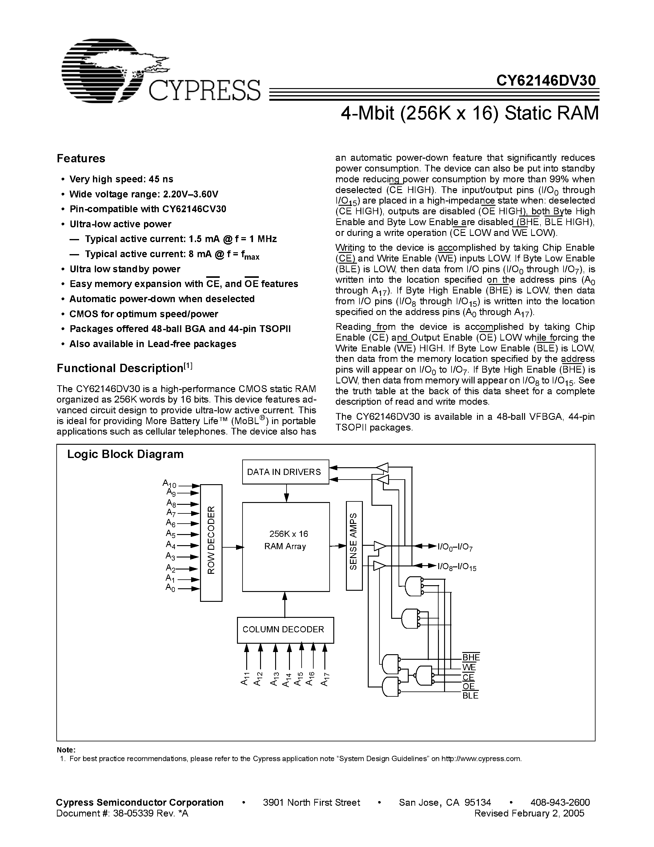 Даташит на микросхему CY62146DV30 страница 1 Даташит CY62146DV30 - 4M Bit Static RAM страница 1