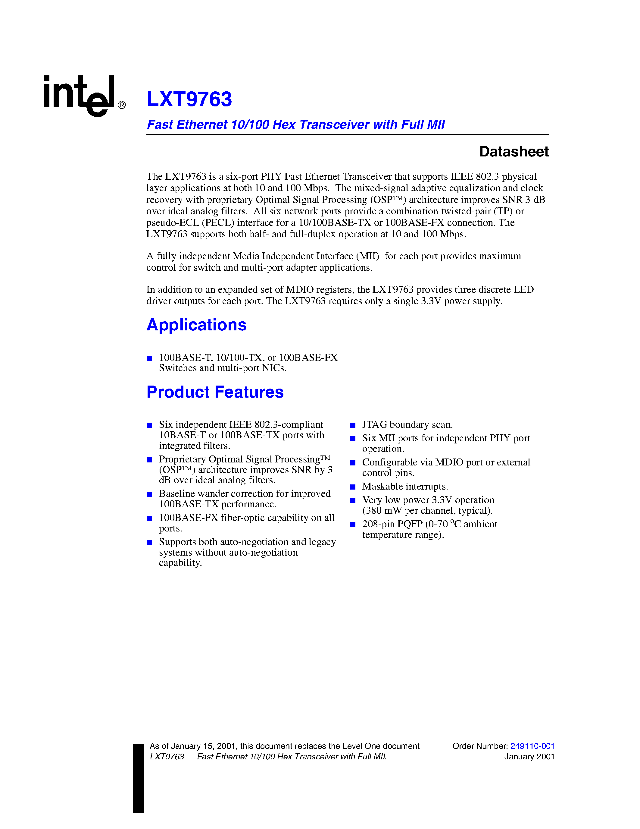 Datasheet LXT9763 page 1 Datasheet LXT9763 - Fast Ethernet 10/100 Hex Teansceiver with Full MII page 1