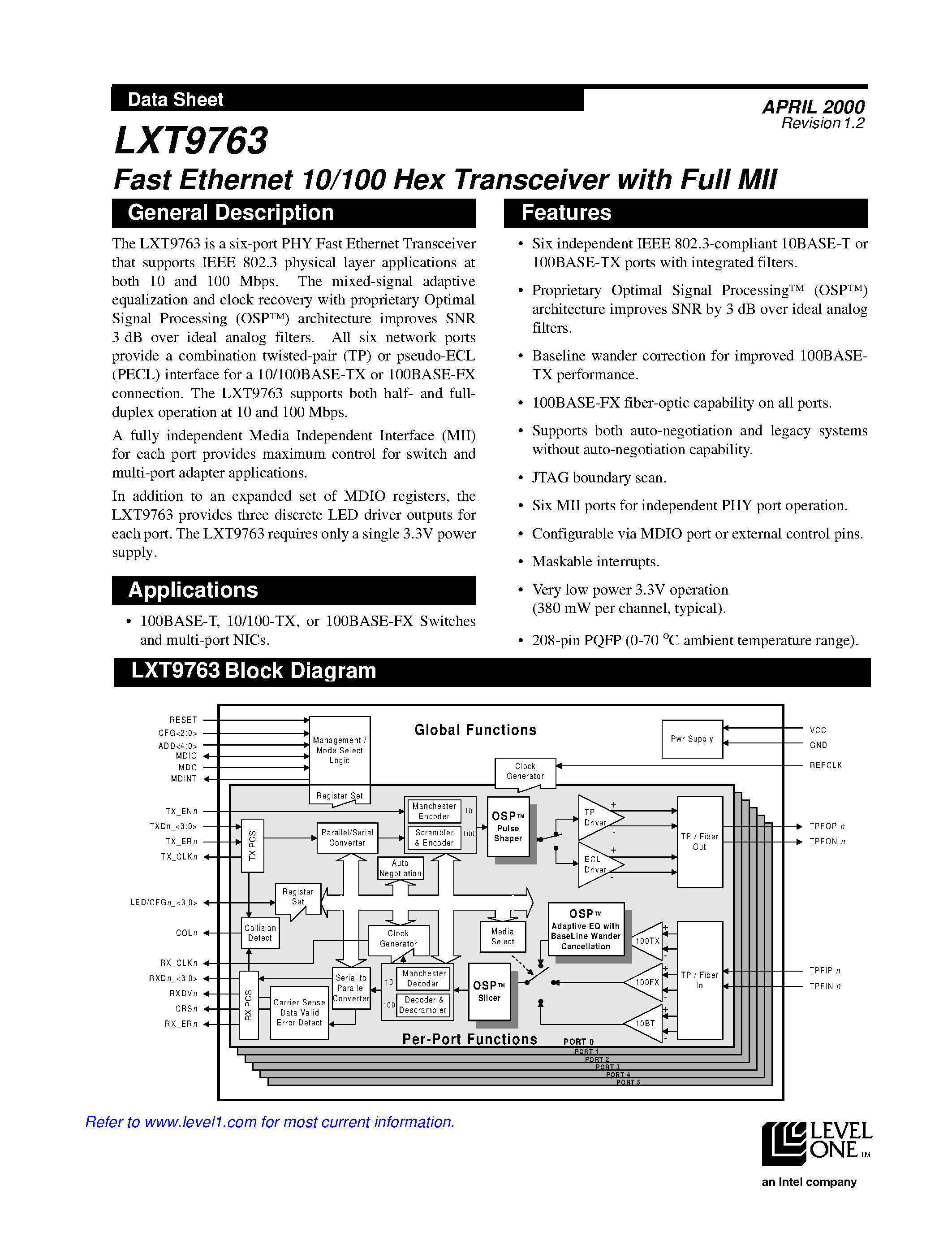 Datasheet LXT9763 - Fast Ethernet 10/100 Hex Teansceiver with Full MII page 1