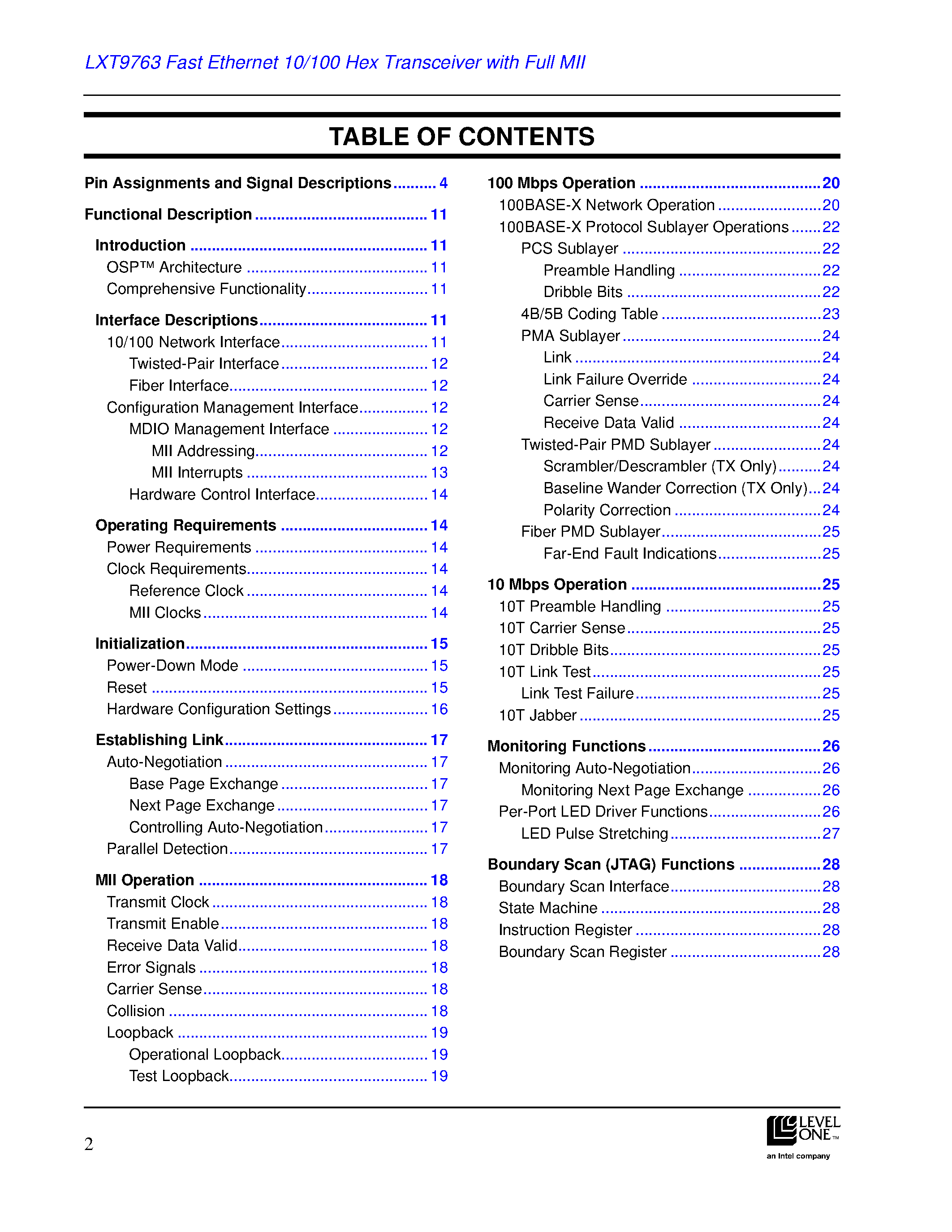 Datasheet LXT9763 - Fast Ethernet 10/100 Hex Teansceiver with Full MII page 2