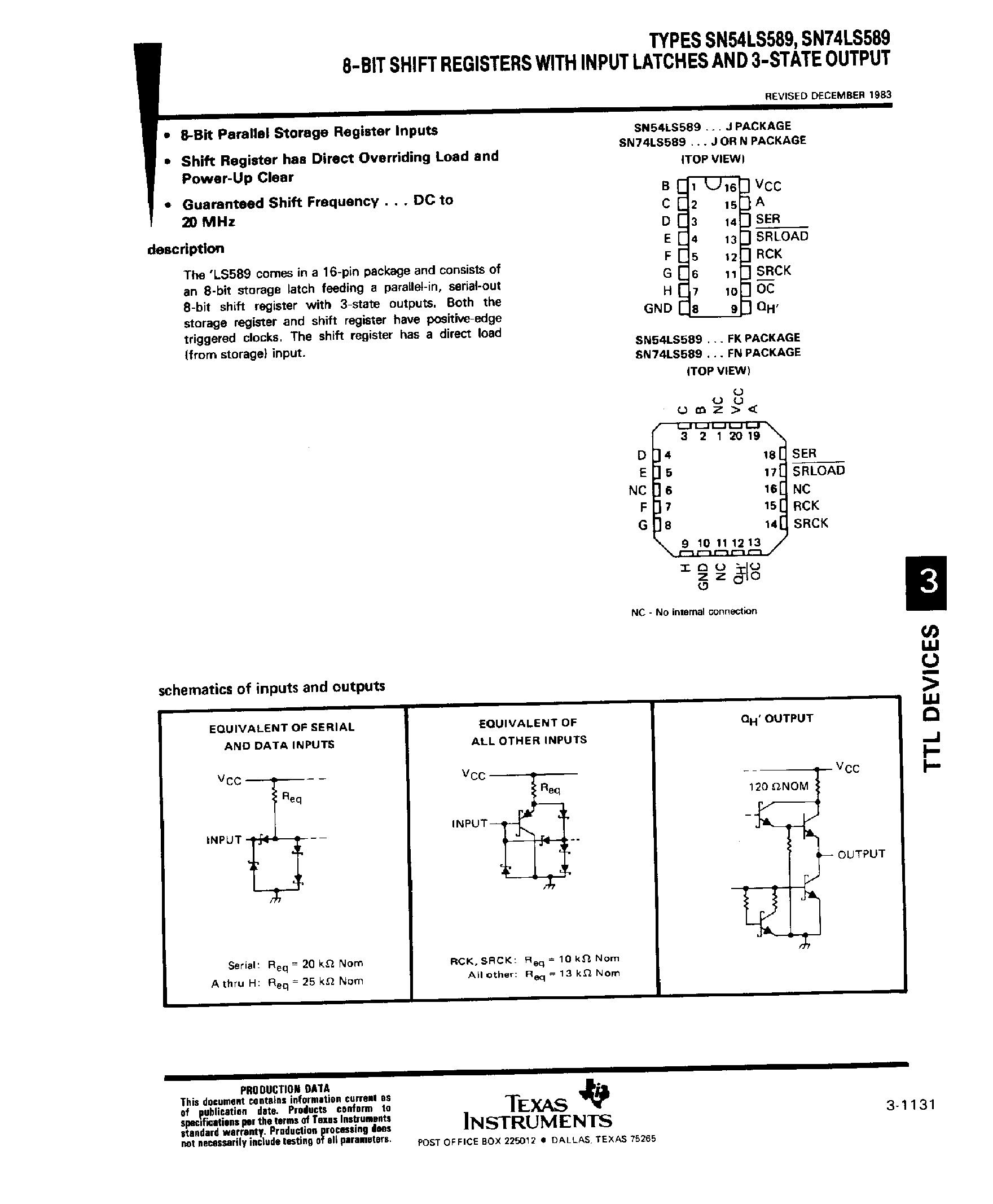 Datasheet SN74LS589 page 1 Datasheet SN74LS589 - 8 Bit Shift Registers with Input Latches and 3 State Output page 1