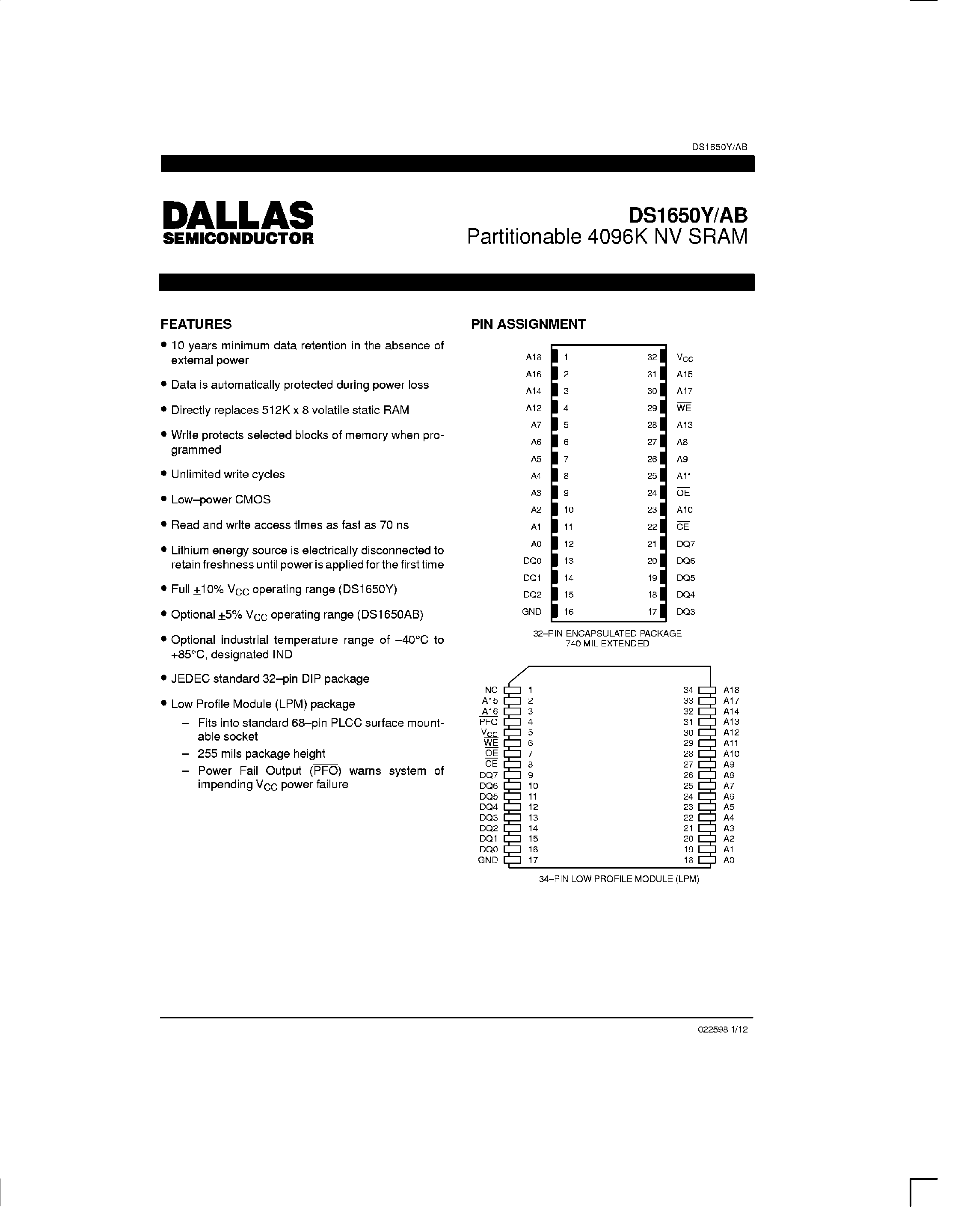 Datasheet DS1650 page 1 Datasheet DS1650 - Partitionable 4096K NV SRAM page 1