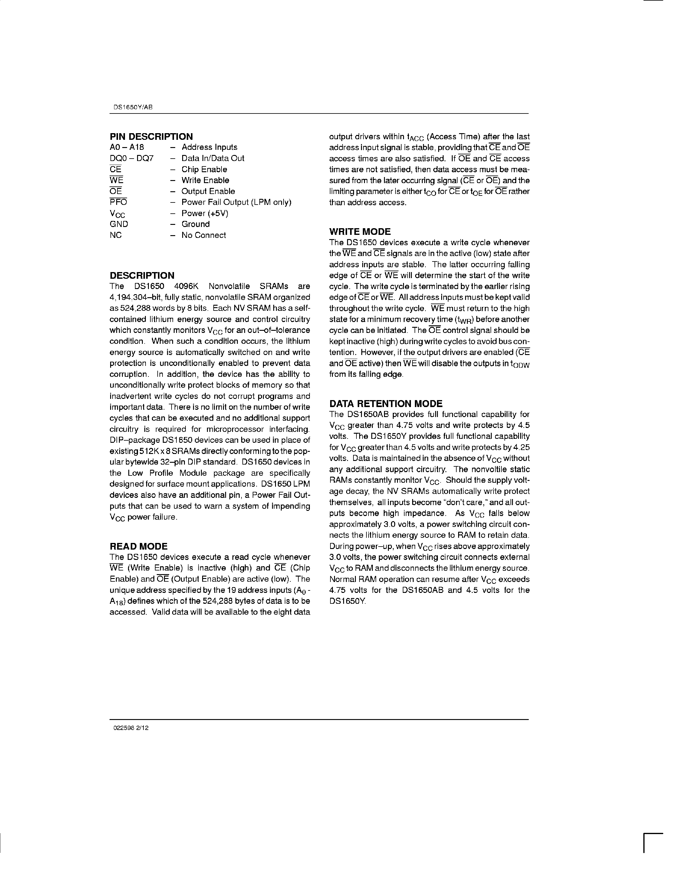 Datasheet DS1650 page 2 Datasheet DS1650 - Partitionable 4096K NV SRAM page 2