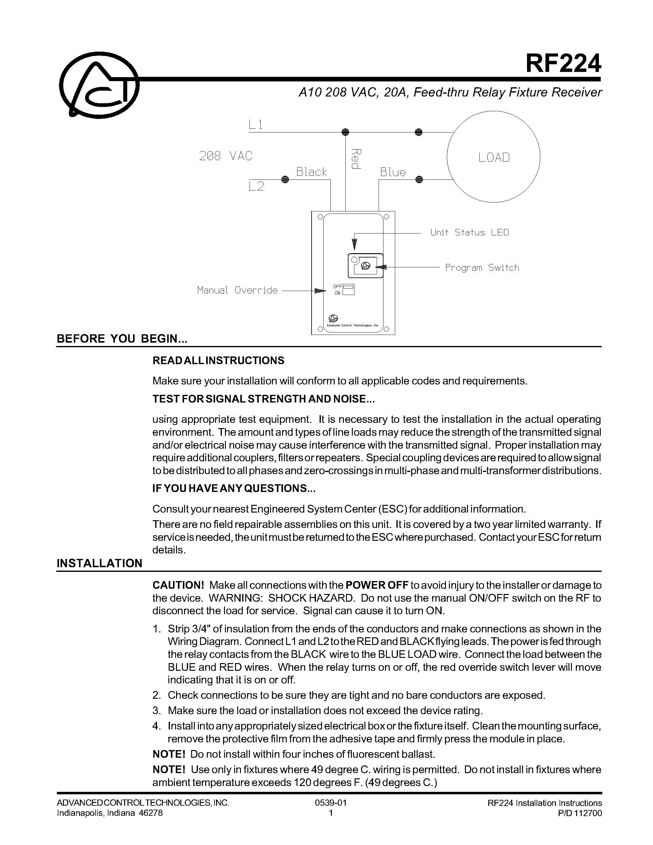Datasheet RF224 - A10 208 VAC / 20A / Feed-Thru Relay Fixture Receiver page 1