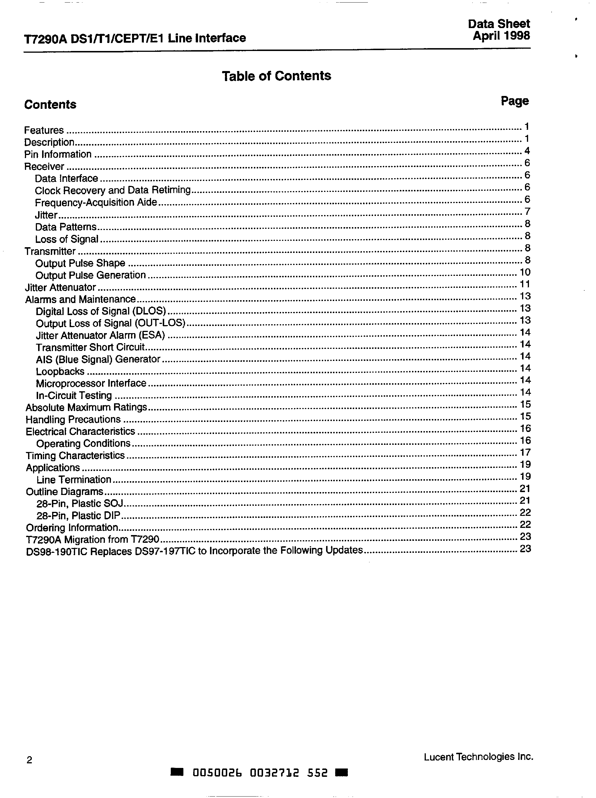 Datasheet T-7290A page 2 Datasheet T-7290A - CEPT Line Interface page 2