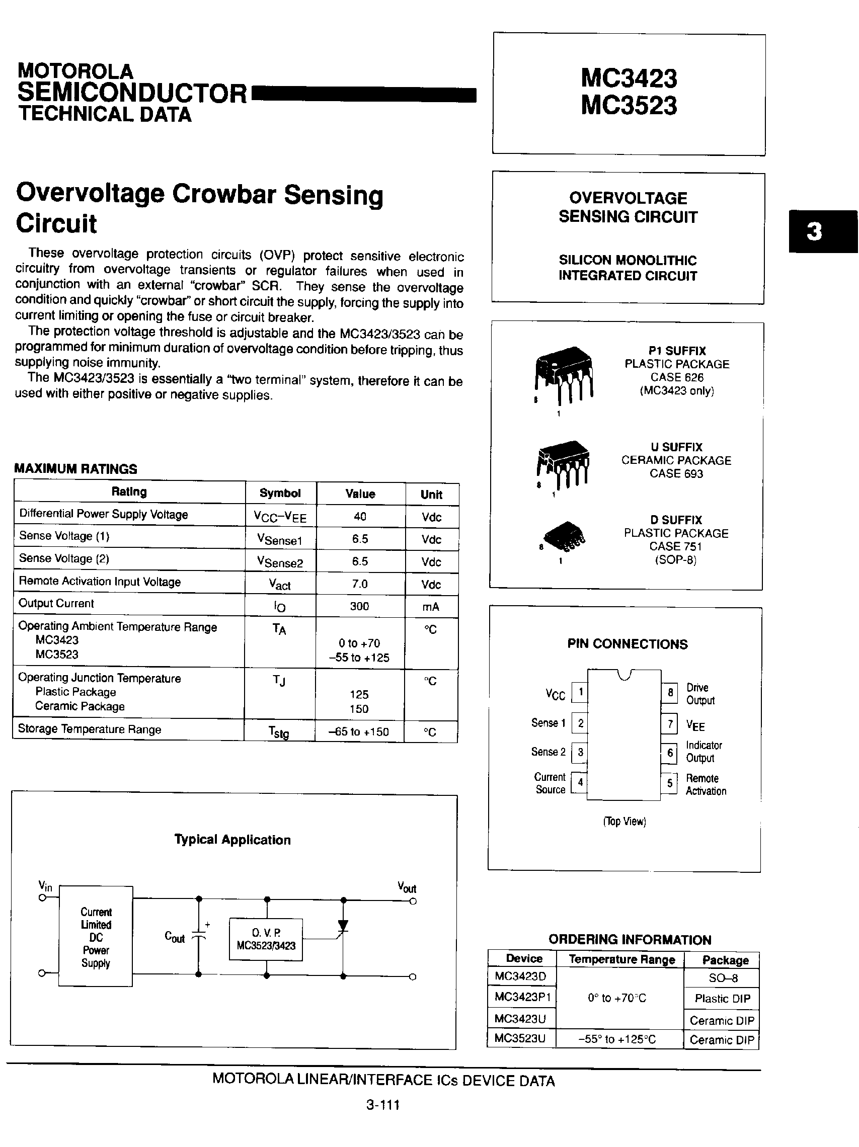 Datasheet MC3523 page 1 Datasheet MC3523 - Overvoltage Crowbar Sensing Circuit page 1