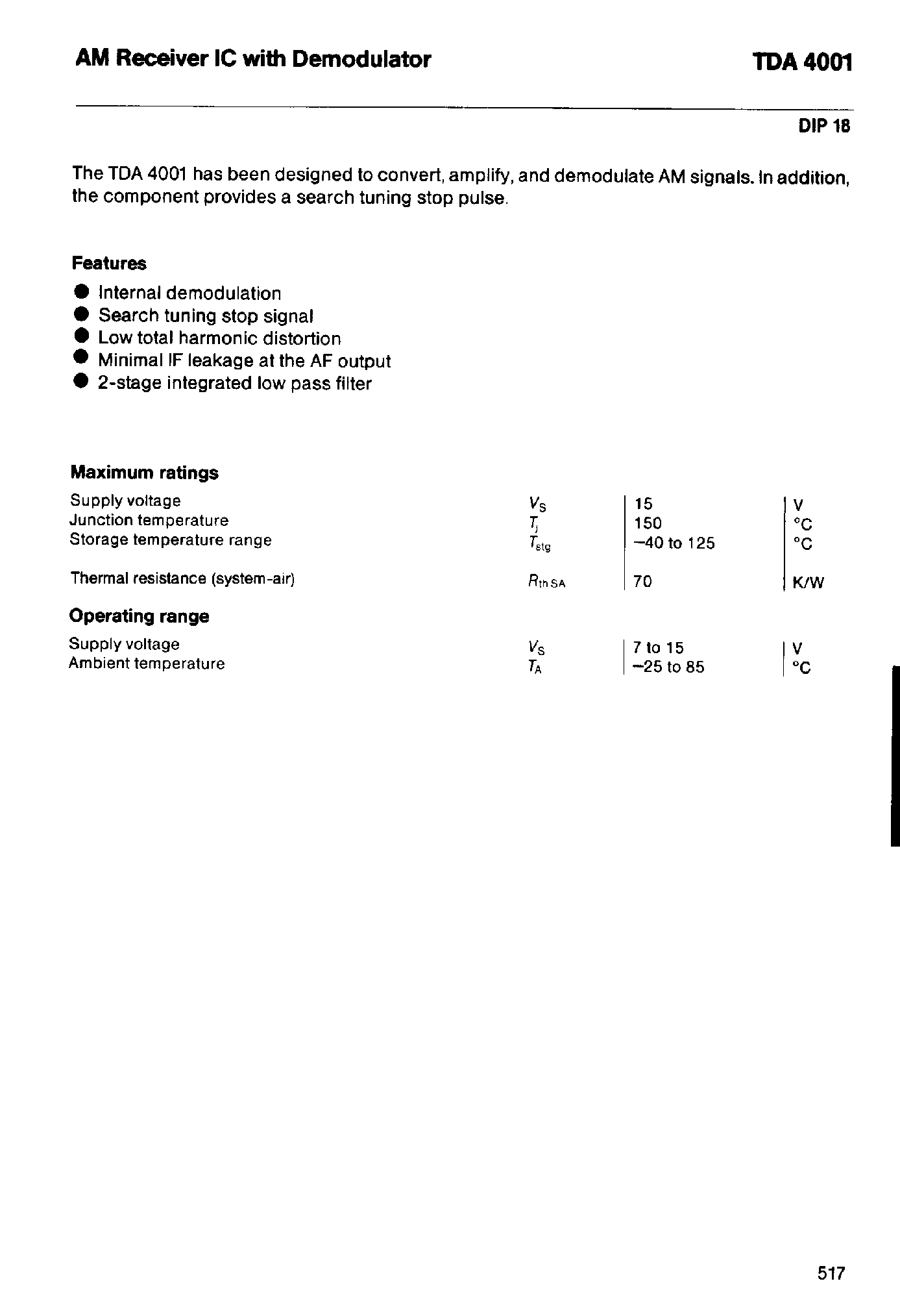 Datasheet TDA4001 page 1 Datasheet TDA4001 - AM Receiver IC with Demodulator page 1