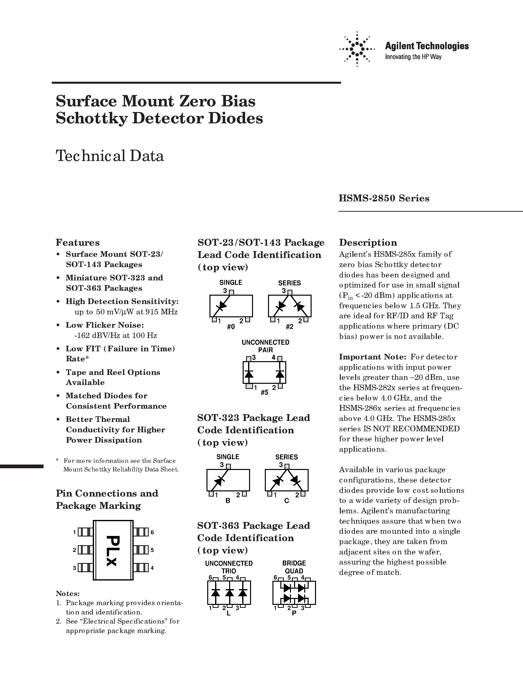 Даташит HSMS2850 - Surface Mount Zero Bias Schottky Detector Diodes страница 1