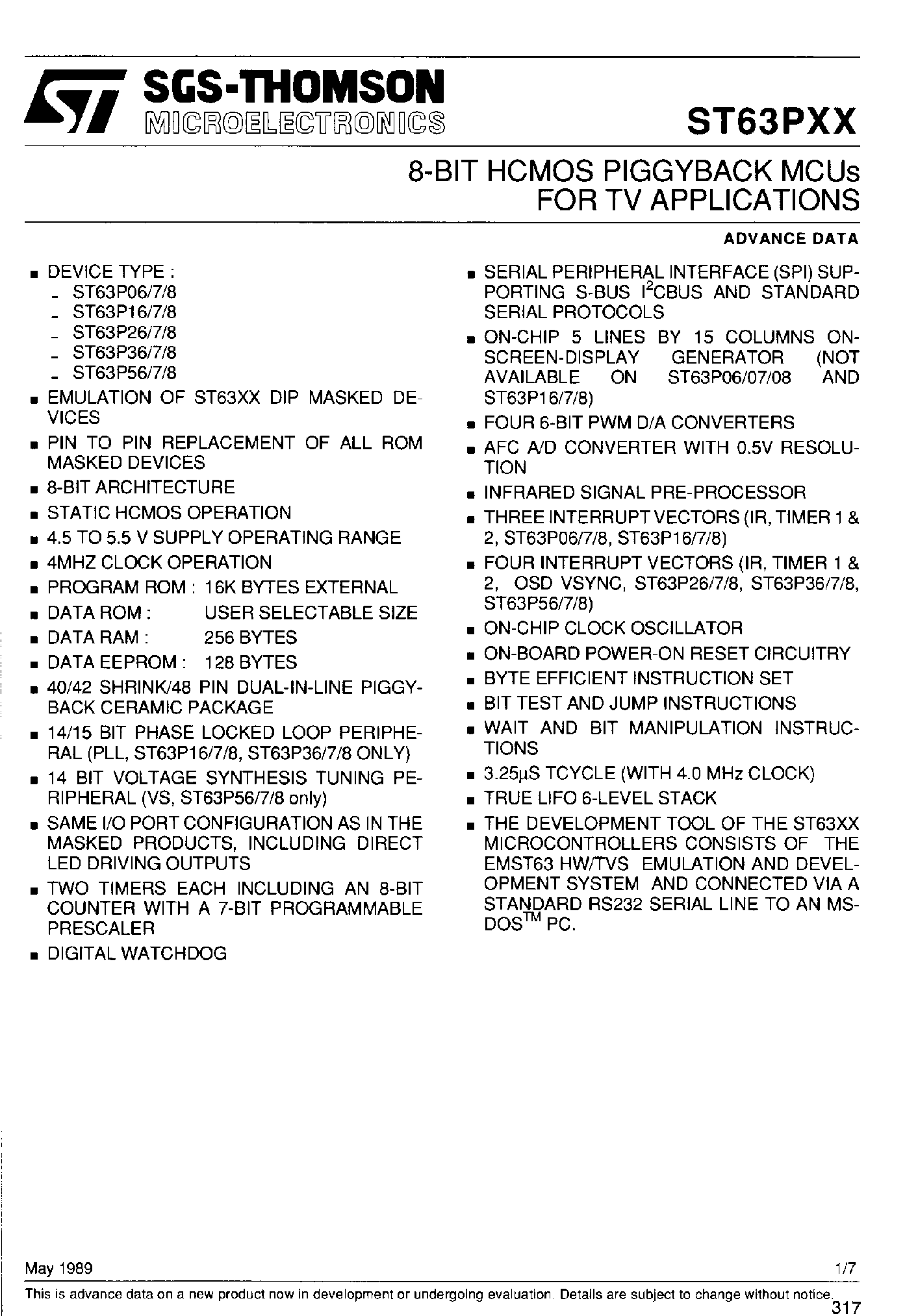Даташит на микросхему ST6326 страница 1 Даташит ST6326 - (ST63Pxx) 8 Bit HCMOS Piggyback MCUs for TV Applications страница 1