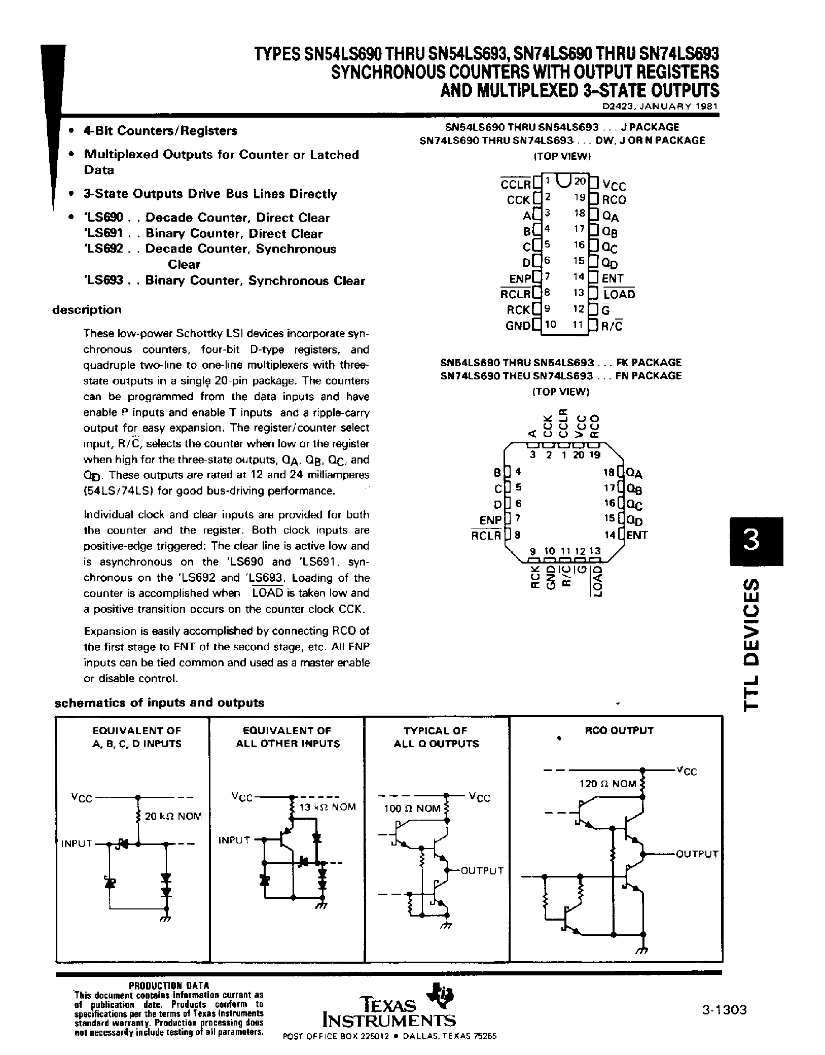 Datasheet SN74LS692 page 1 Datasheet SN74LS692 - Synchronous Counters with Output Registers and Multiplexed 3 State Outputs page 1
