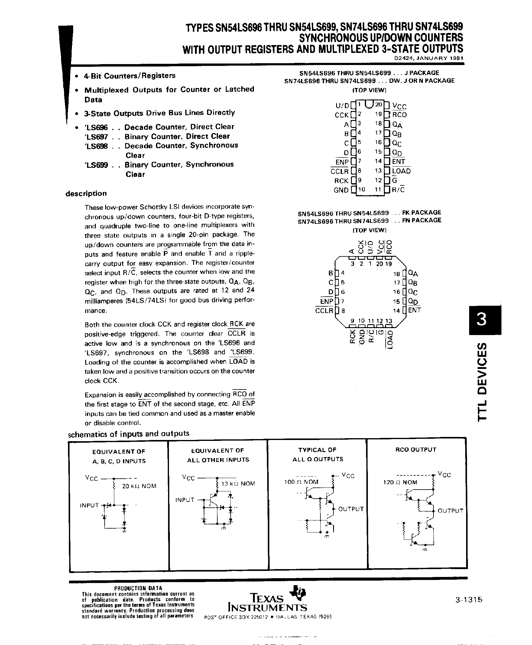 Datasheet SN74LS698 - Synchronous Counters with Output Registers and Multiplexed 3 State Outputs page 1
