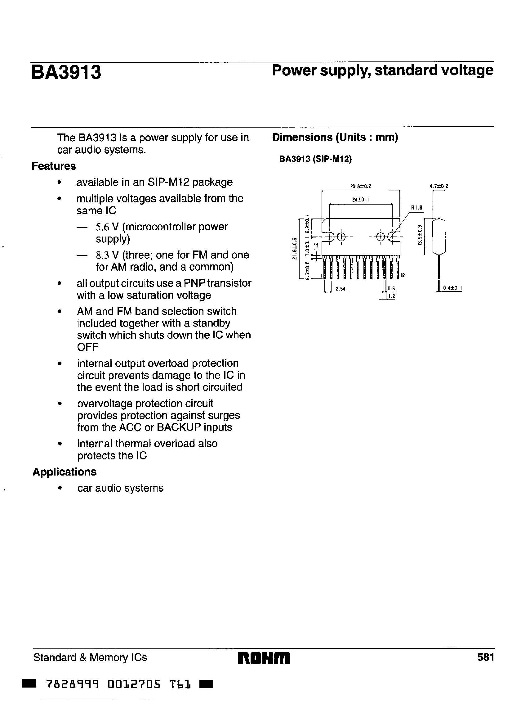 Даташит BA3913 - Power Supply / Standard Voltage страница 1