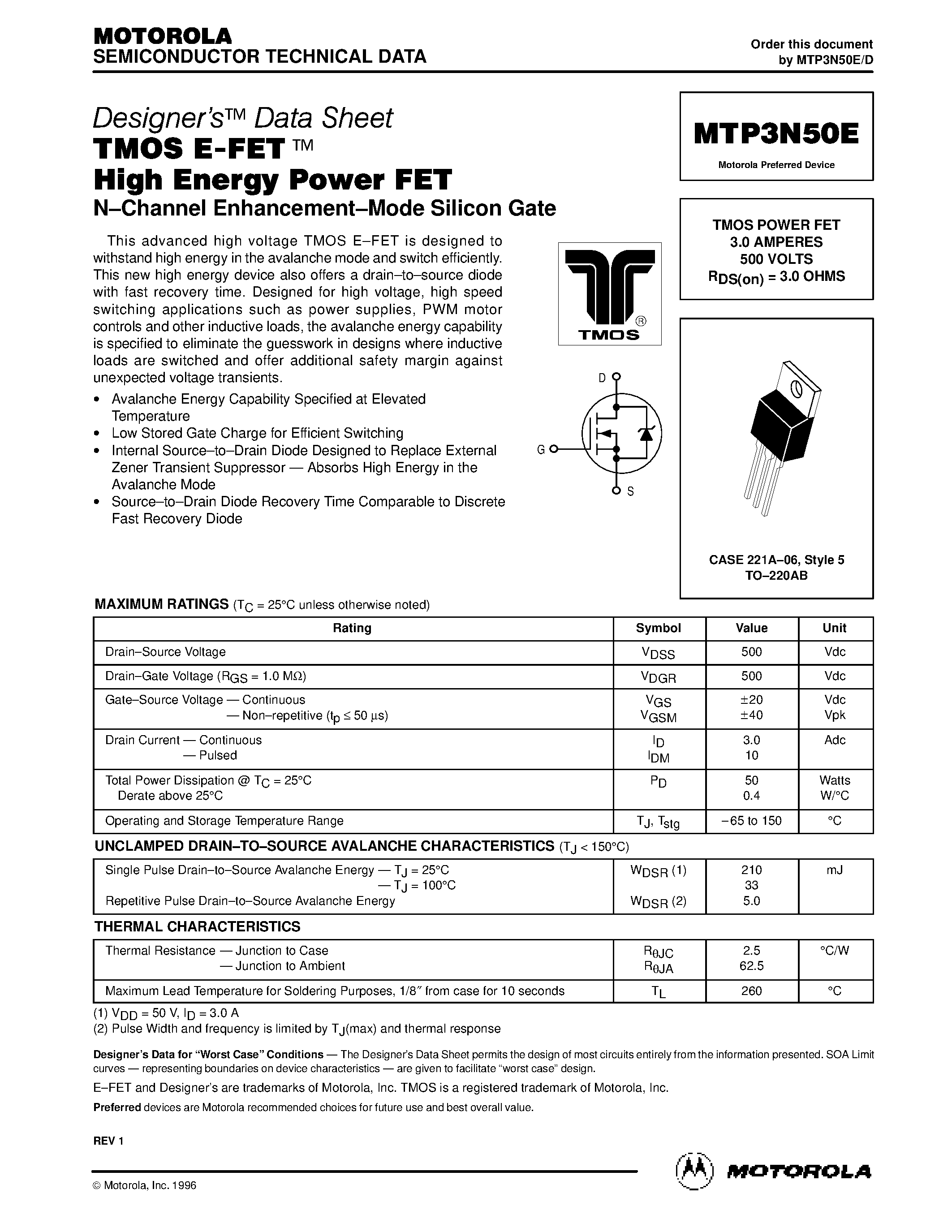 Datasheet MTP3N50E - TMOS POWER FET 3.0 AMPERES 500 VOLTS RDS page 1
