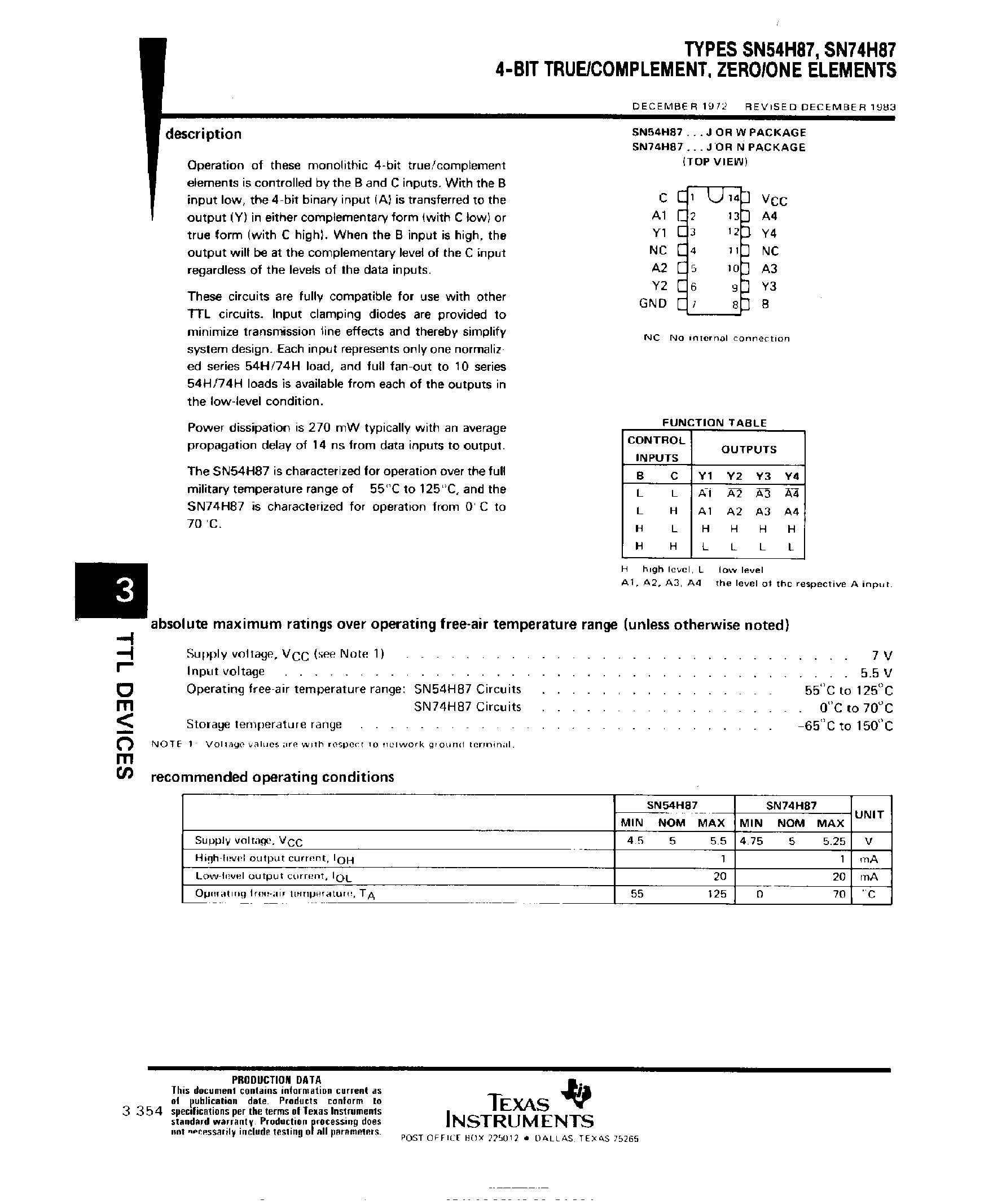 Datasheet SN74H87 page 1 Datasheet SN74H87 - 4 Bit True / Complement / Zero / One Elements page 1