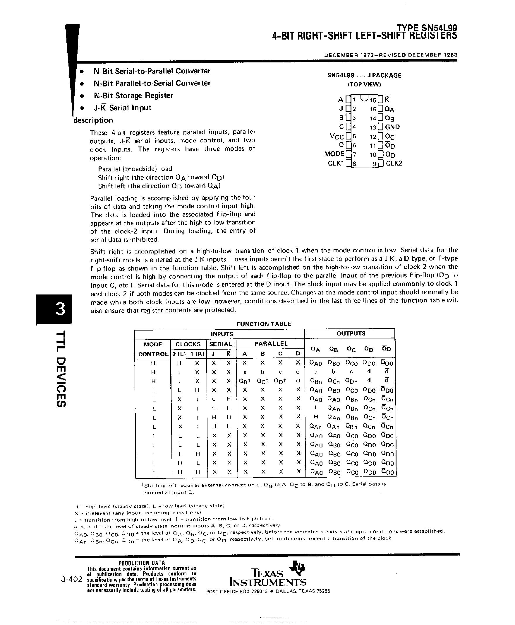 Datasheet SN54L99 - 4 Bit Right-Shift Left-Shift Registers page 1