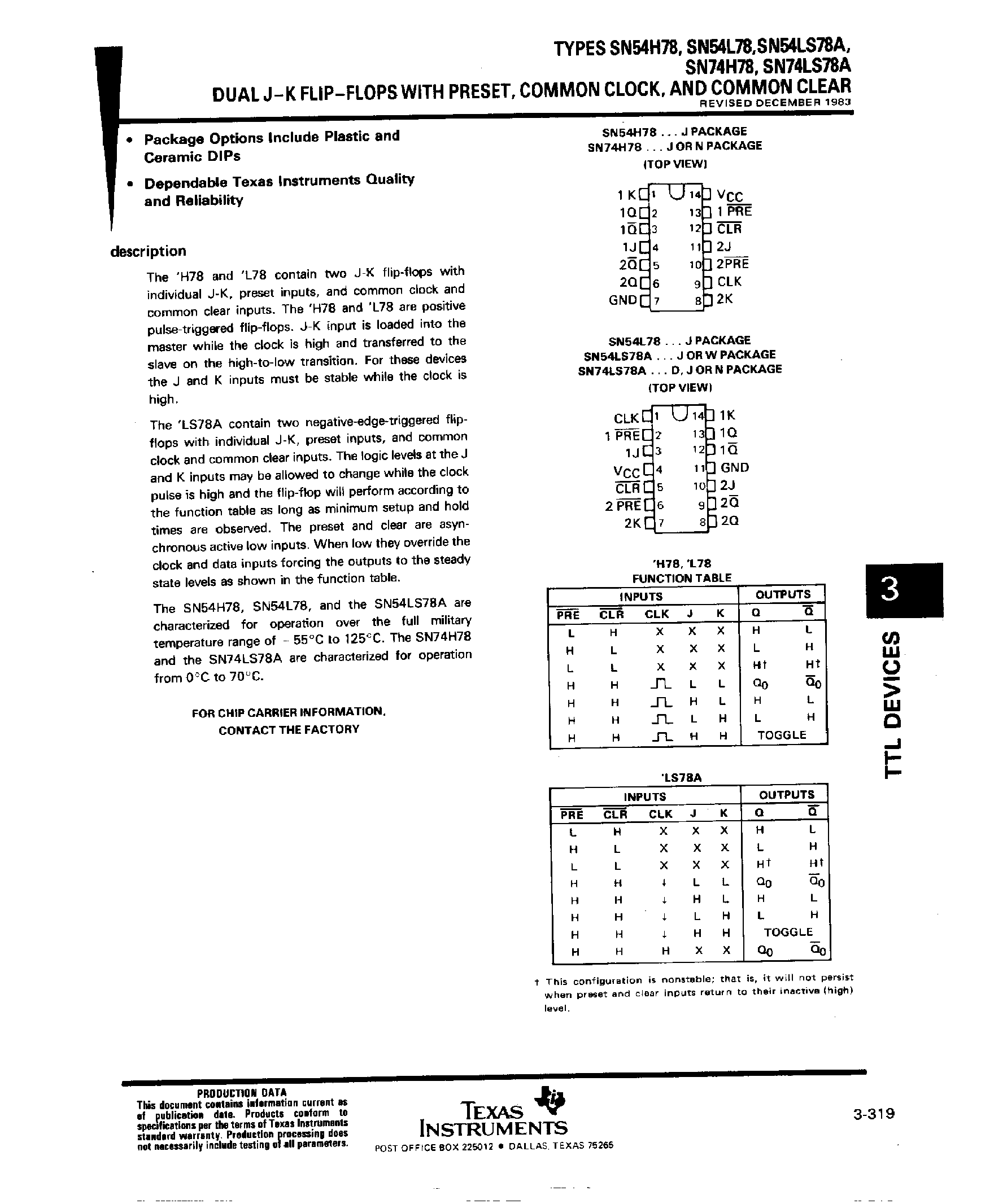 Datasheet SN74H78 - Dual J-K F-F with Preset / Common Clock and Common Clear page 1