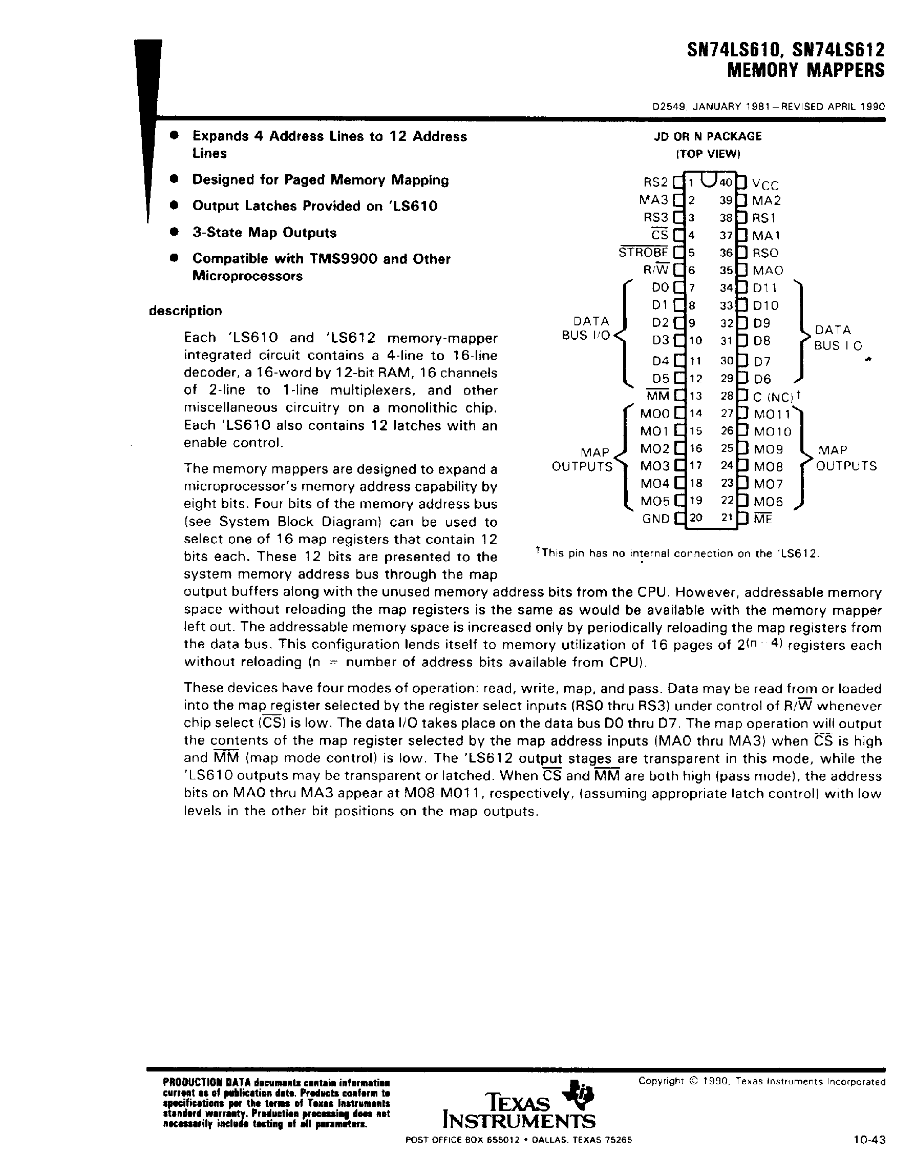 Даташит SN74LS612 - (SN74LS610) Memory Mappers страница 1