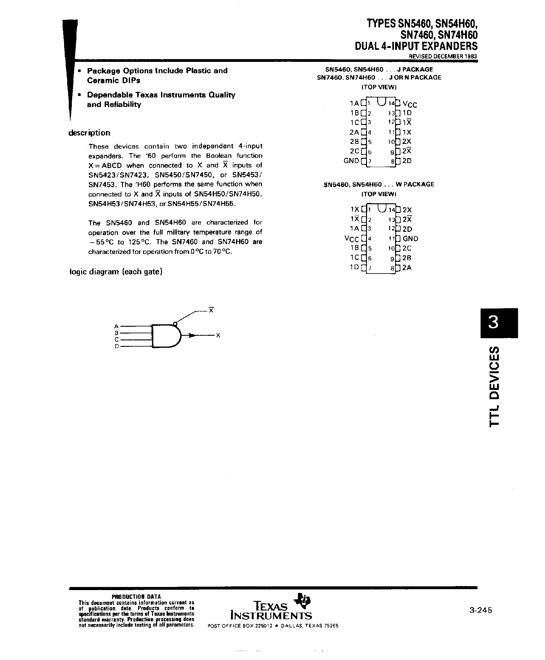 Datasheet SN7460 page 1 Datasheet SN7460 - Dual 4 Input Expanders page 1