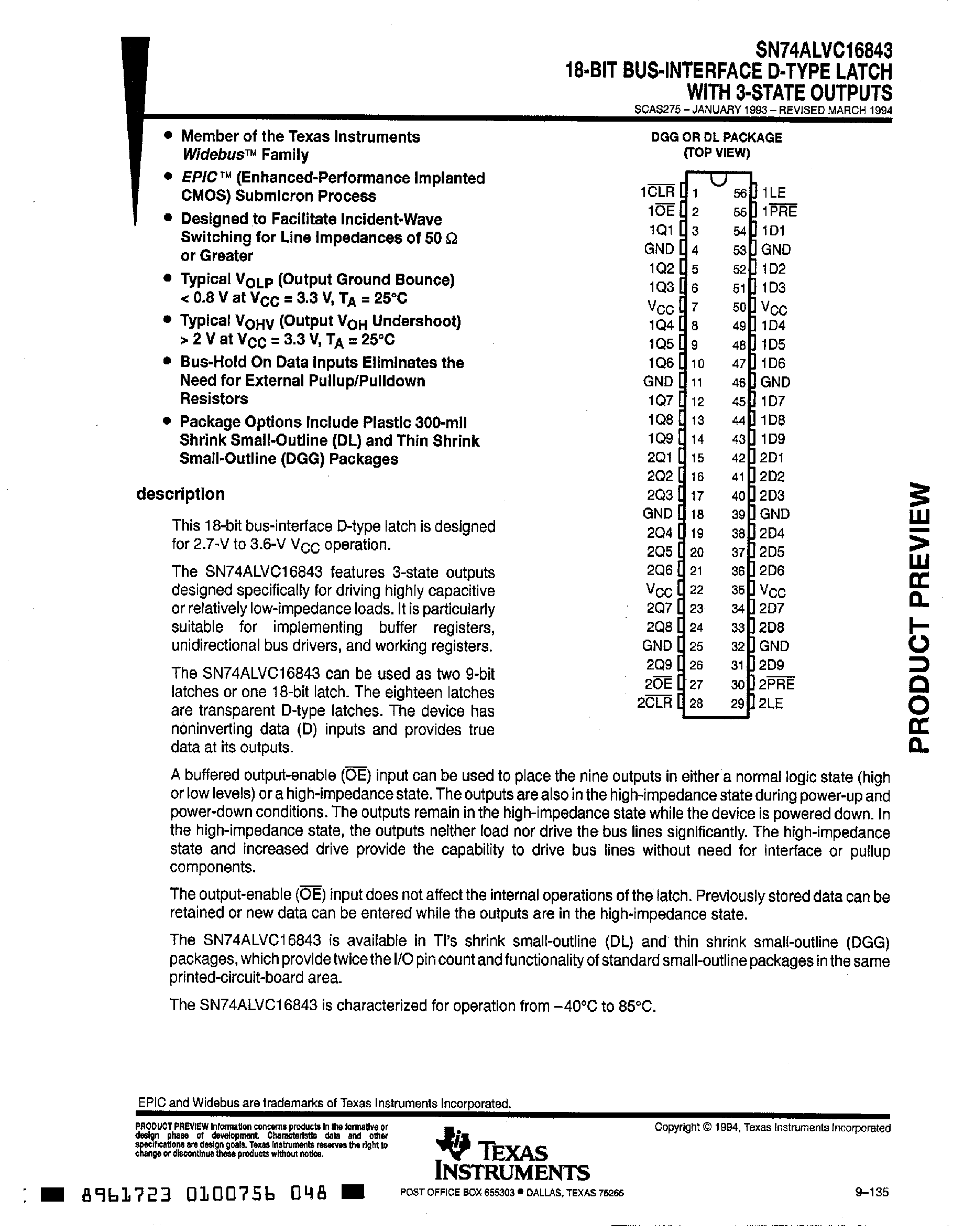 Datasheet SN74ALVC16843 - 18 Bit Bus Interface D-Type Latch with 3 State Outputs page 1