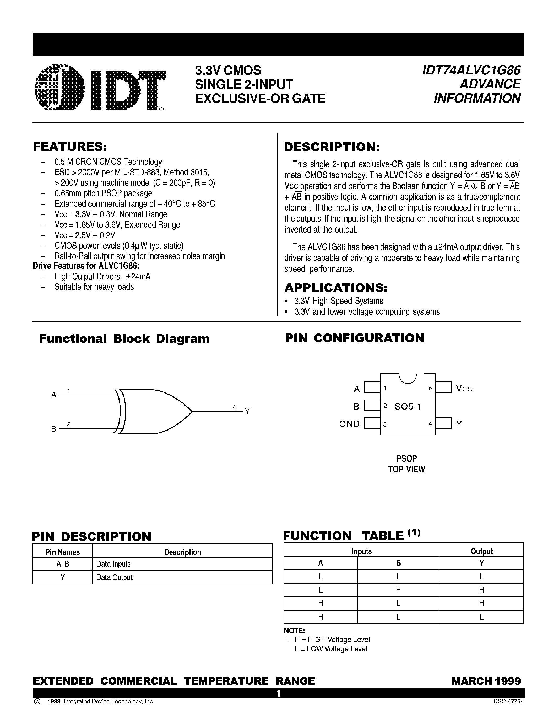 Datasheet IDT74ALVC1G86 - 3.3V CMOS Single 2 Input Exclusive-Or Gate page 1
