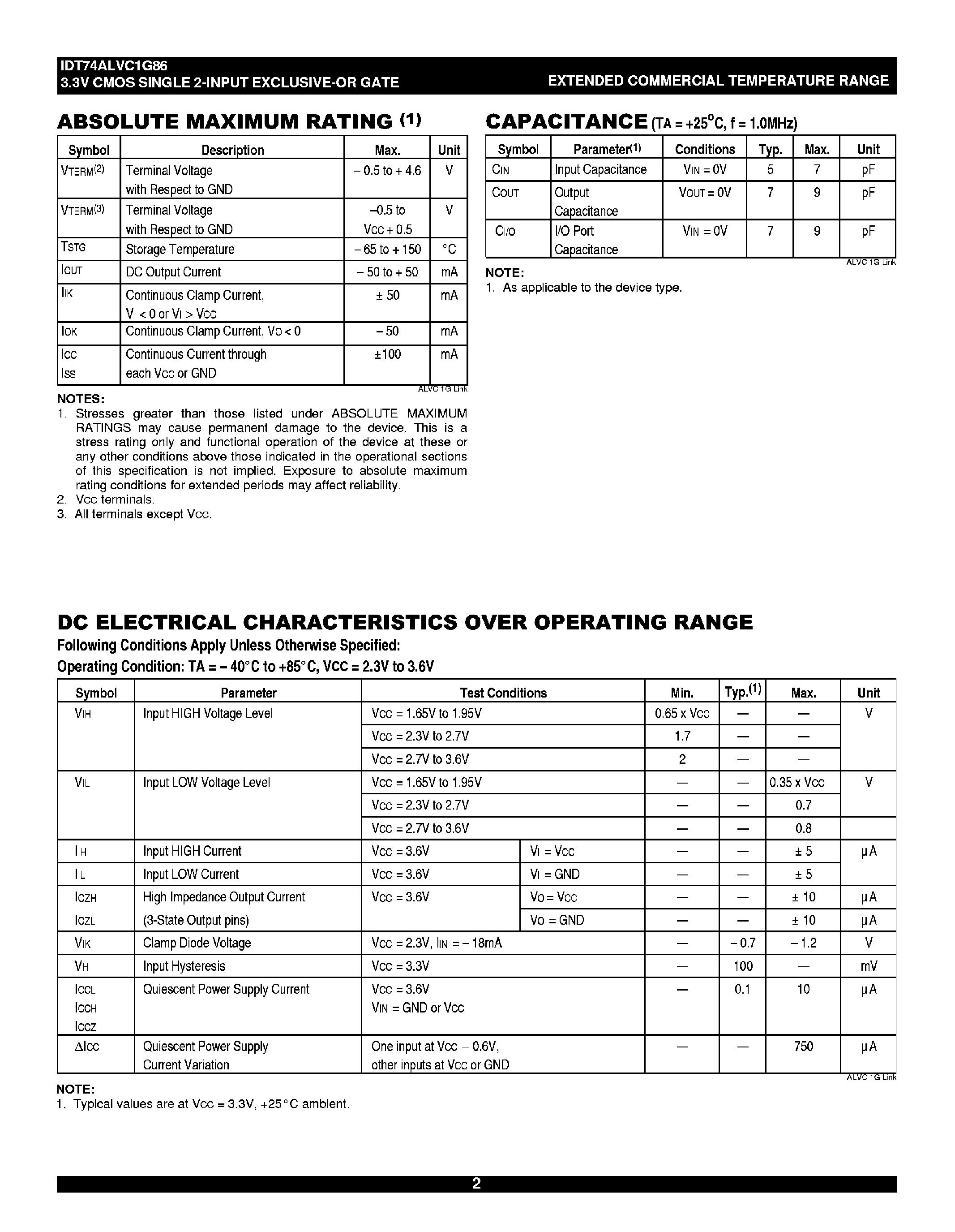 Datasheet IDT74ALVC1G86 - 3.3V CMOS Single 2 Input Exclusive-Or Gate page 2